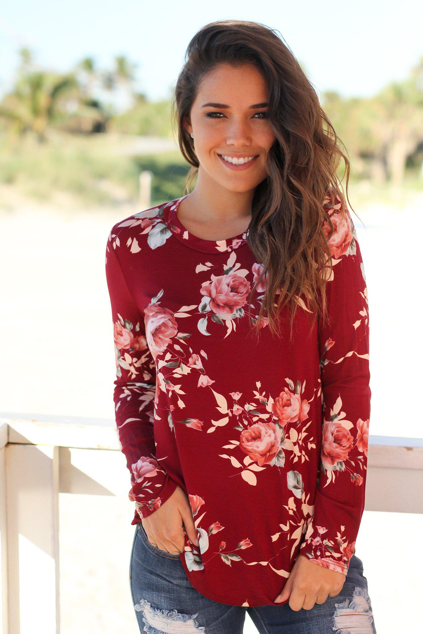 Stylish Burgundy Floral Long Sleeve Women's Top