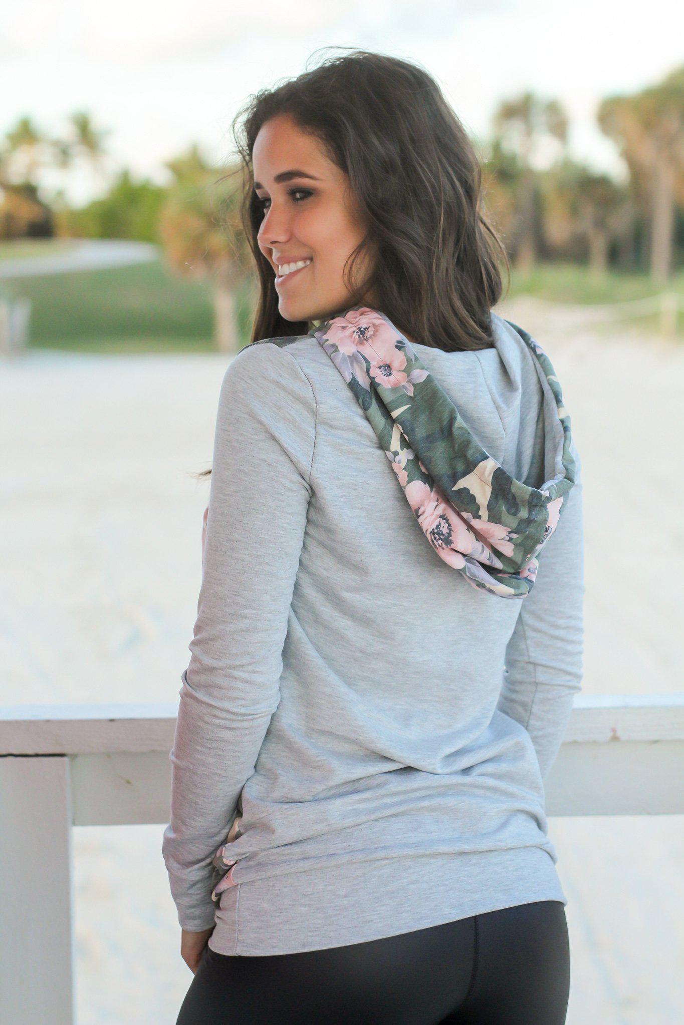 Stylish Olive Camo and Floral Print Hoodie with Drawstring and Pocket