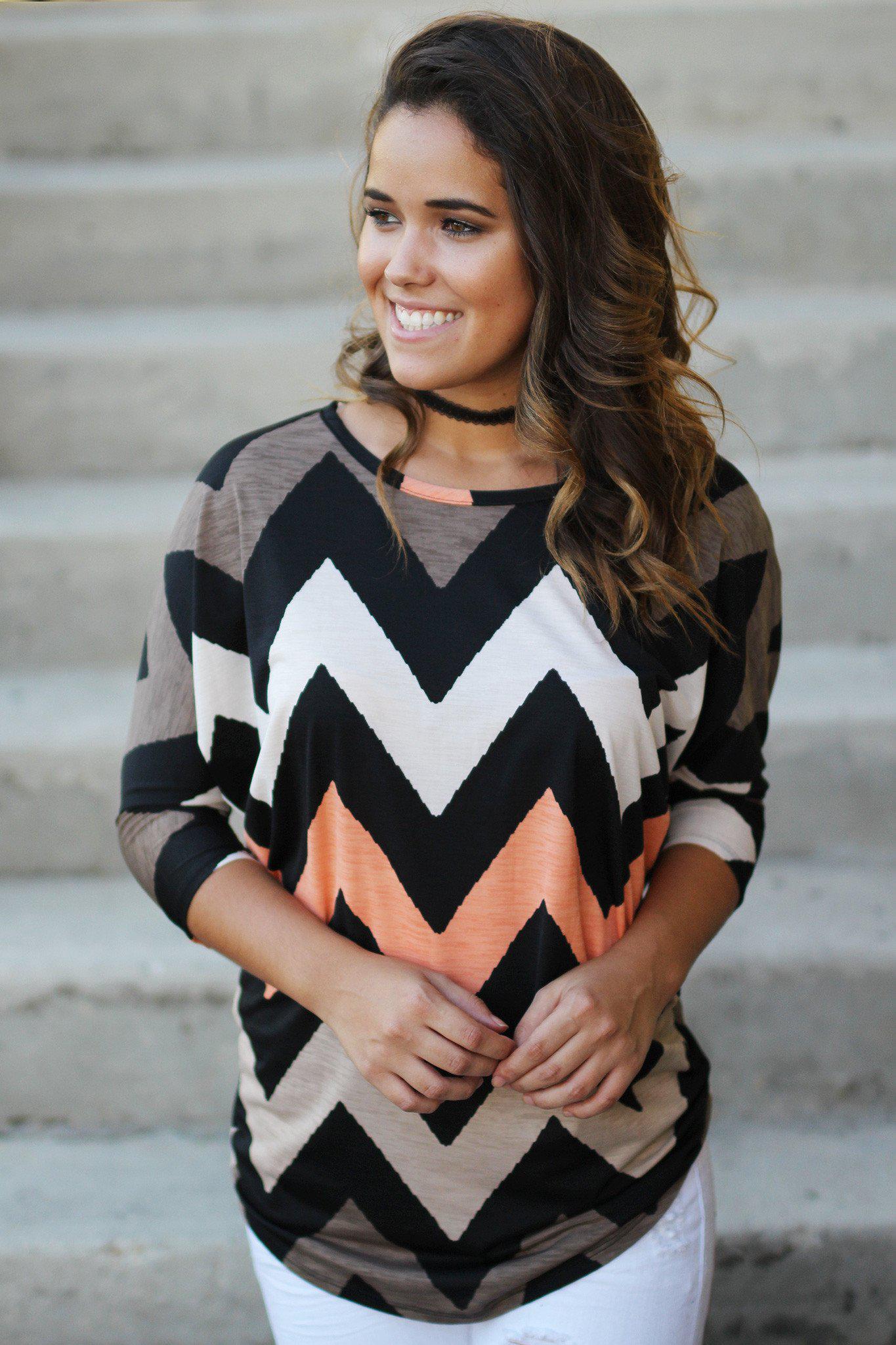 Stylish Brown and Peach Chevron-Print Women's Top for Fall