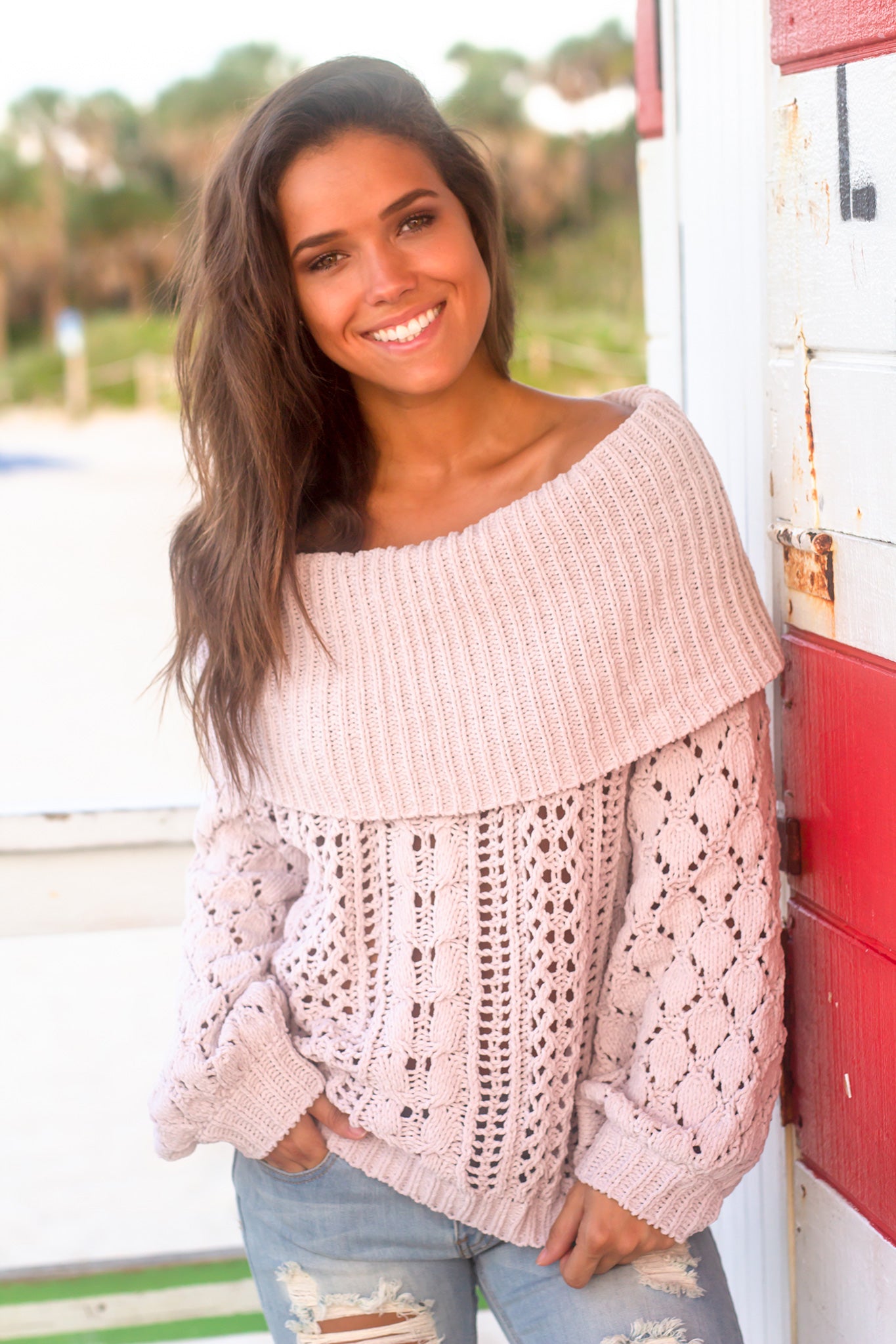 Stylish Light Mauve Oversized Off Shoulder Knit Polyester Sweater