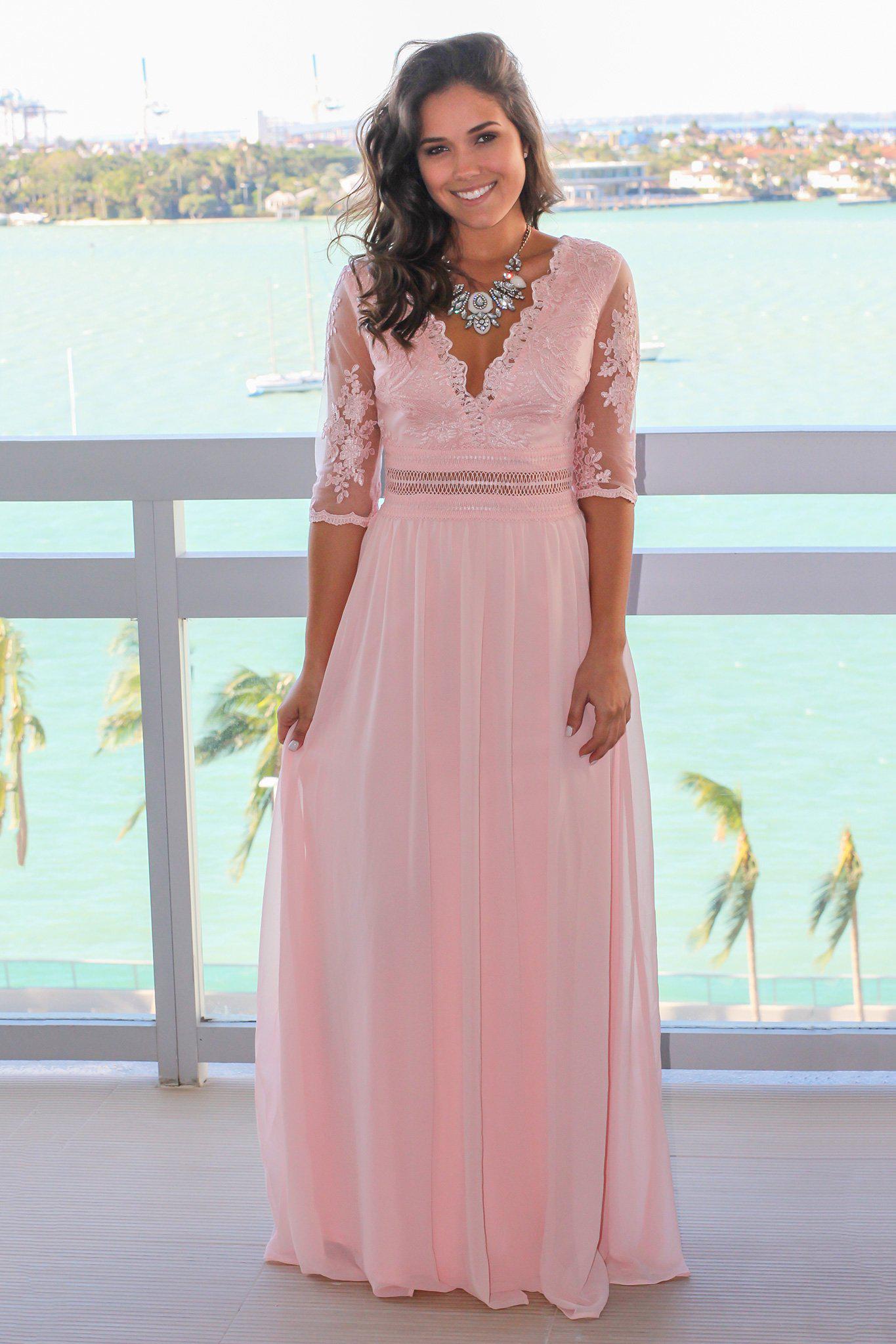 Gorgeous Blush-Colored V-Neck Long Maxi Dress with Intricately Embroidered Mesh Sleeves