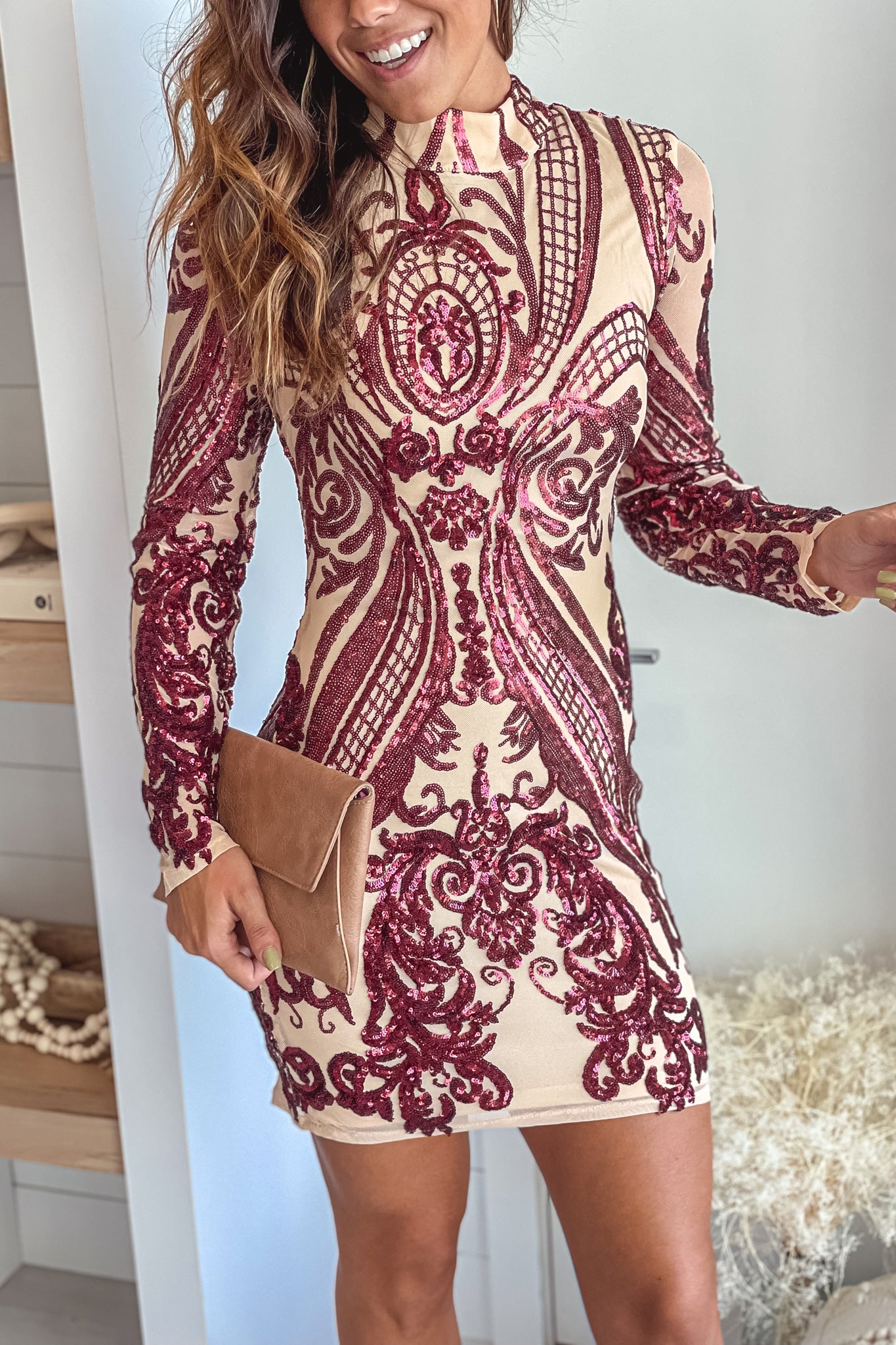 Gorgeous Burgundy and Beige Sequined Short Party Dress