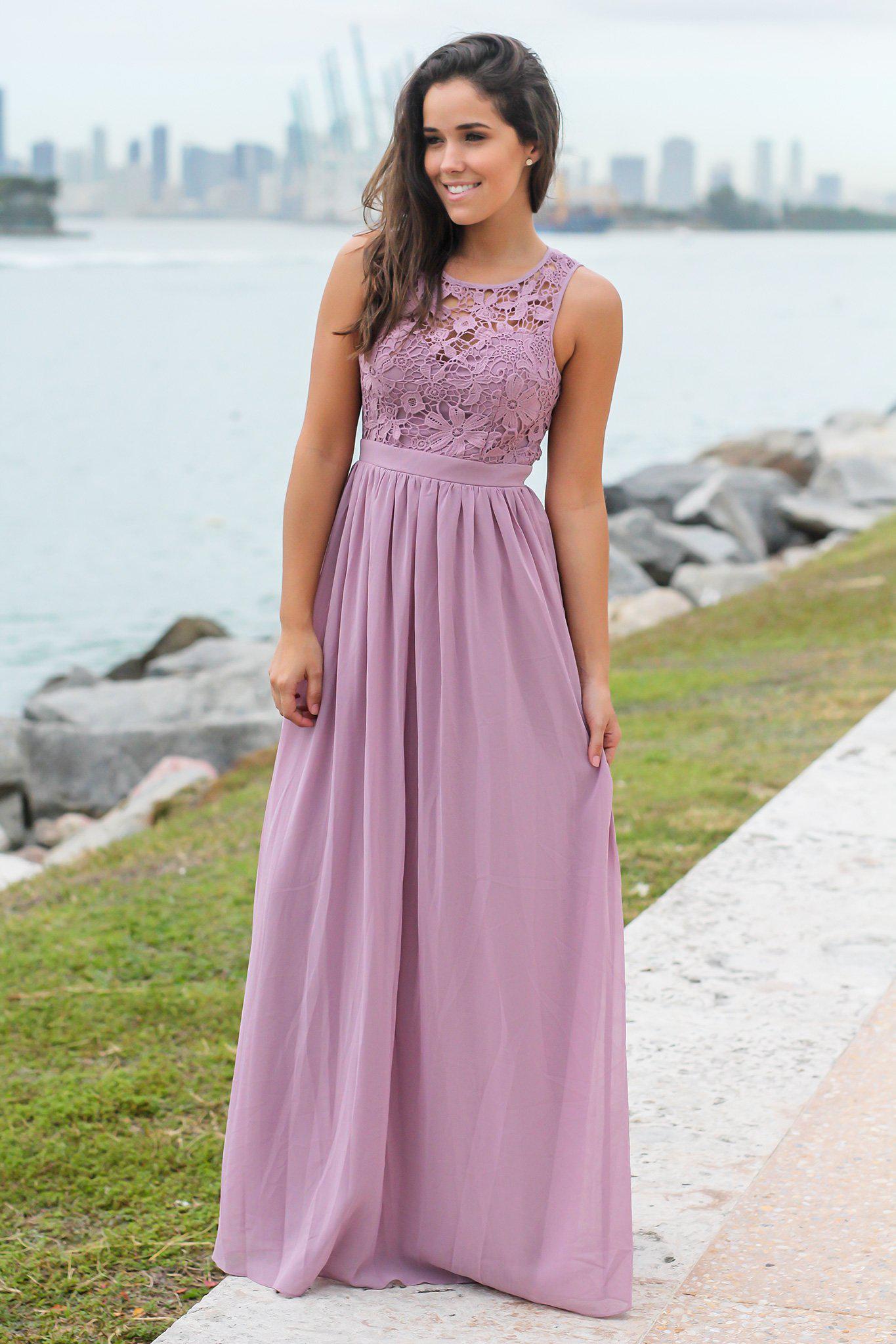 Gorgeous Open - Back Mauve Crochet Maxi Dress for Bridesmaids