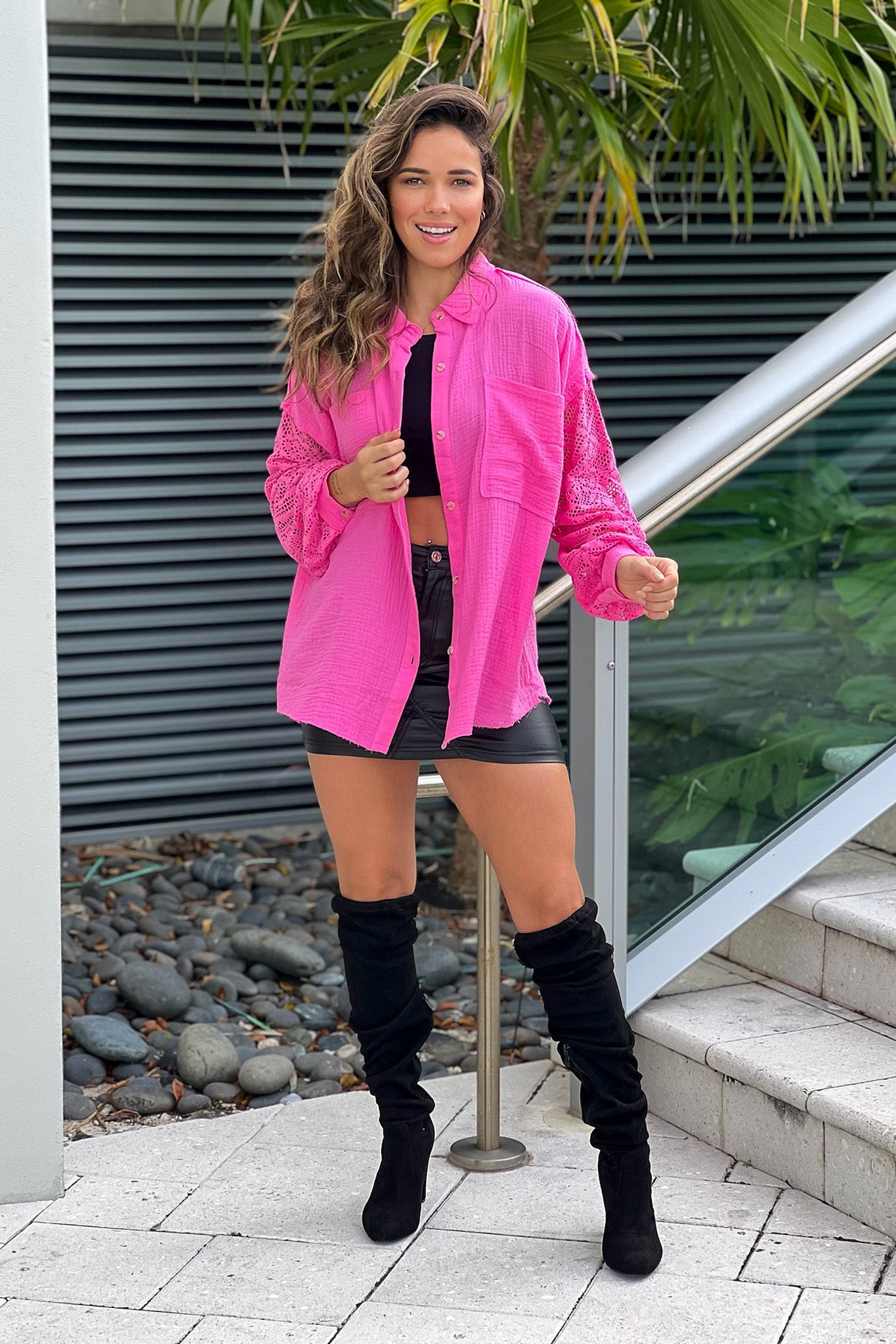 Stylish Candy Pink Shirt Featuring Crochet Long Sleeves and Button Down Design