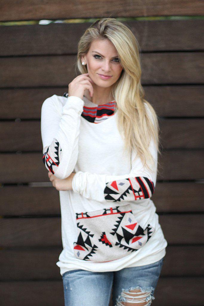 Soft Ivory Aztec Printed Hoodie with Front Pocket and Elbow Patches