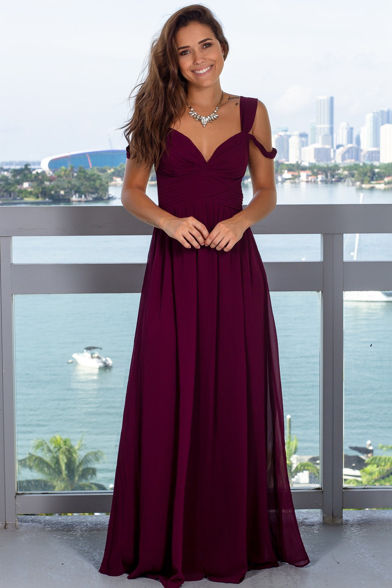 Fabulous Burgundy Pleated Off - Shoulder Maxi Dress for Special Occasions