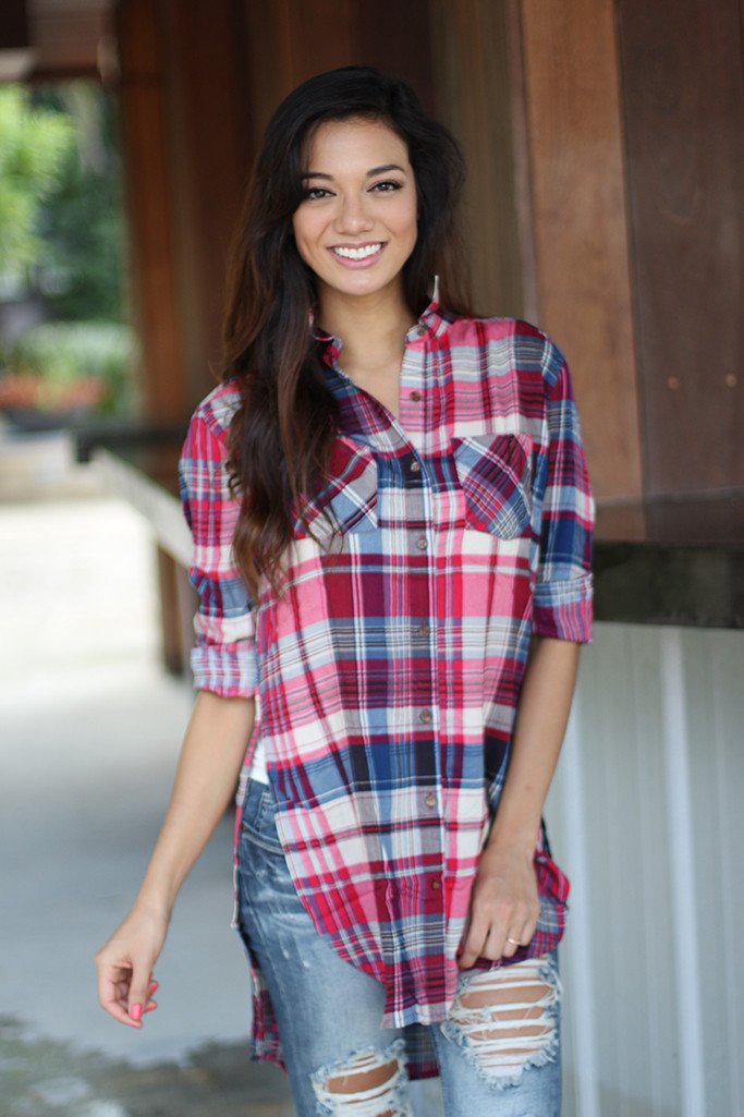 Fashionable Magenta Long Plaid Women's Top