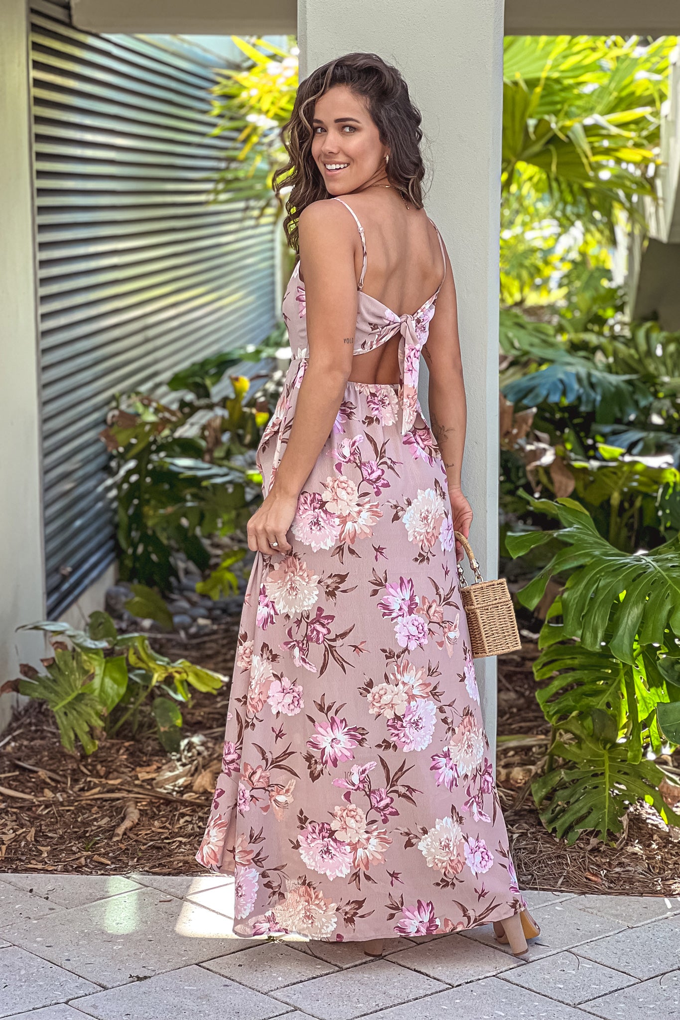 Stylish Mauve Floral Adjustable-Strap High Low Ruffle Maxi Dress