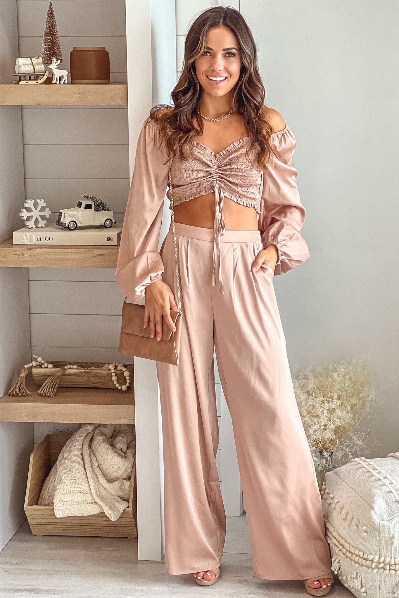 Champagne Satin Smocked Top and Pants Set