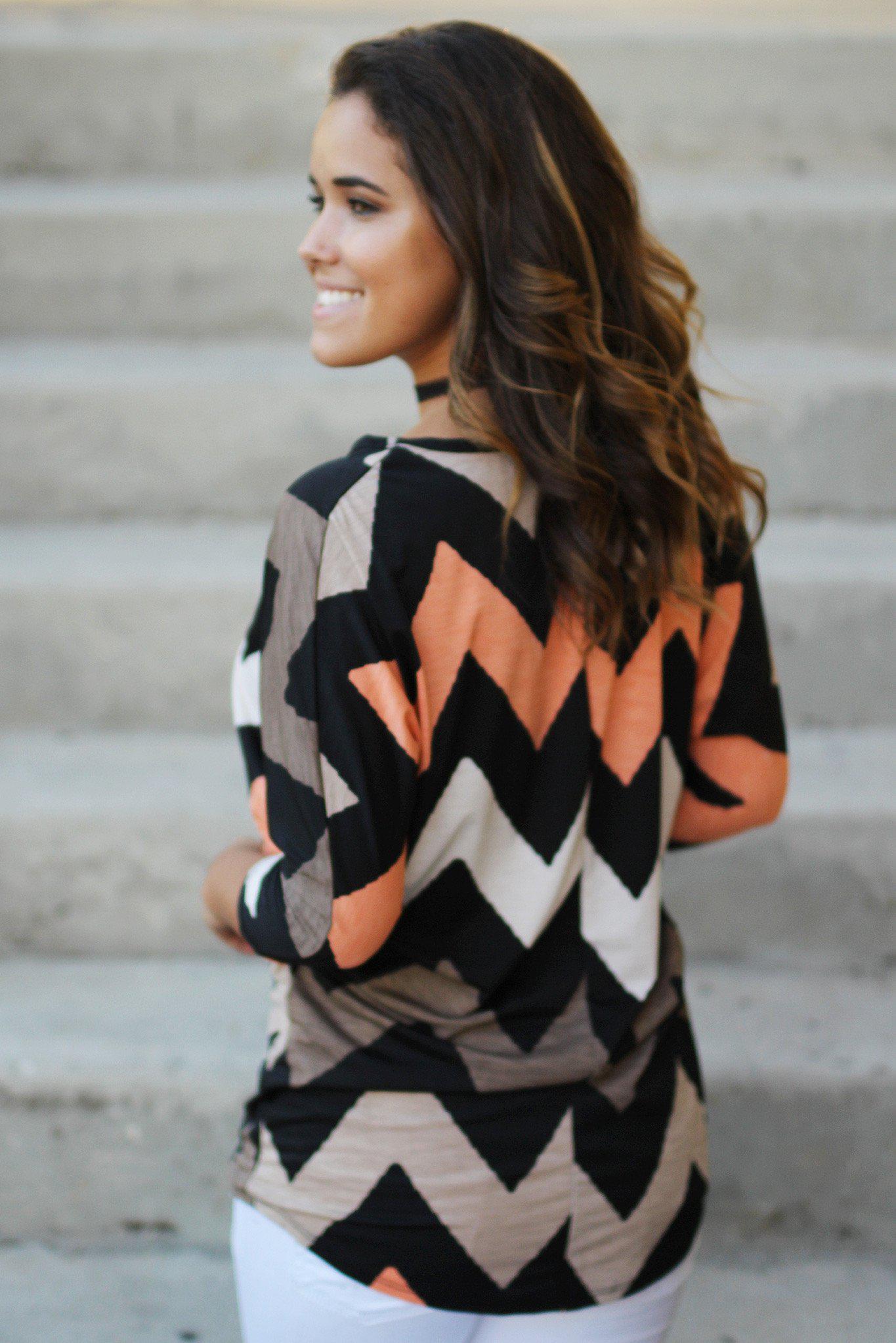 Stylish Brown and Peach Chevron-Print Women's Top for Fall