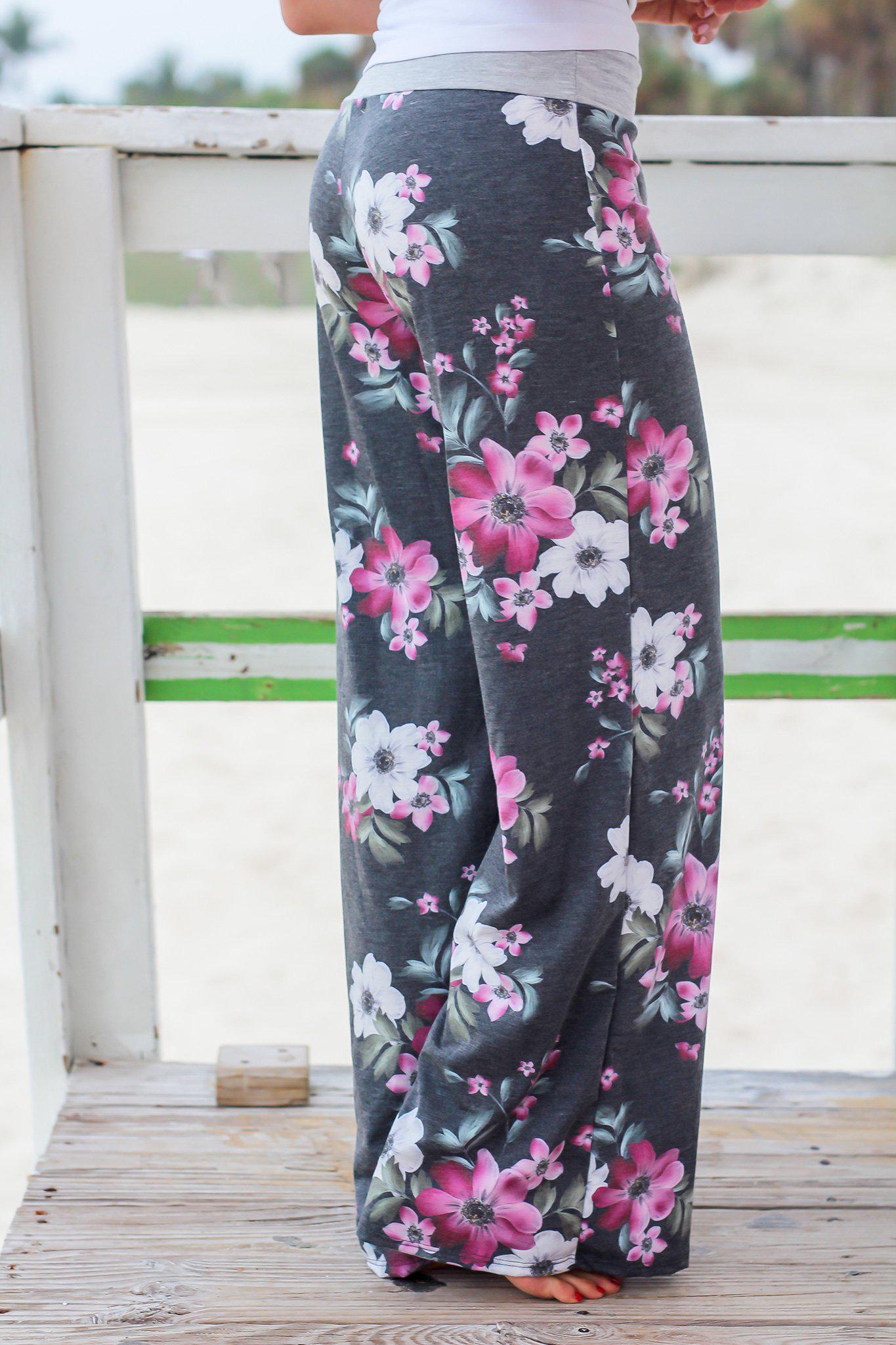 Stylish Charcoal and Purple Floral Patterned Wide - Leg Pants