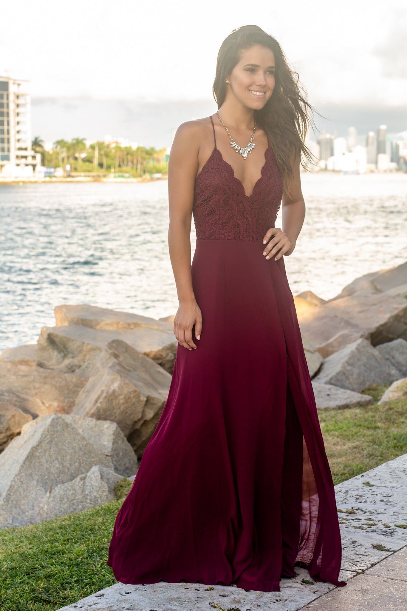 Elegant Burgundy Sleeveless Crochet Top Maxi Dress with Criss Cross Back