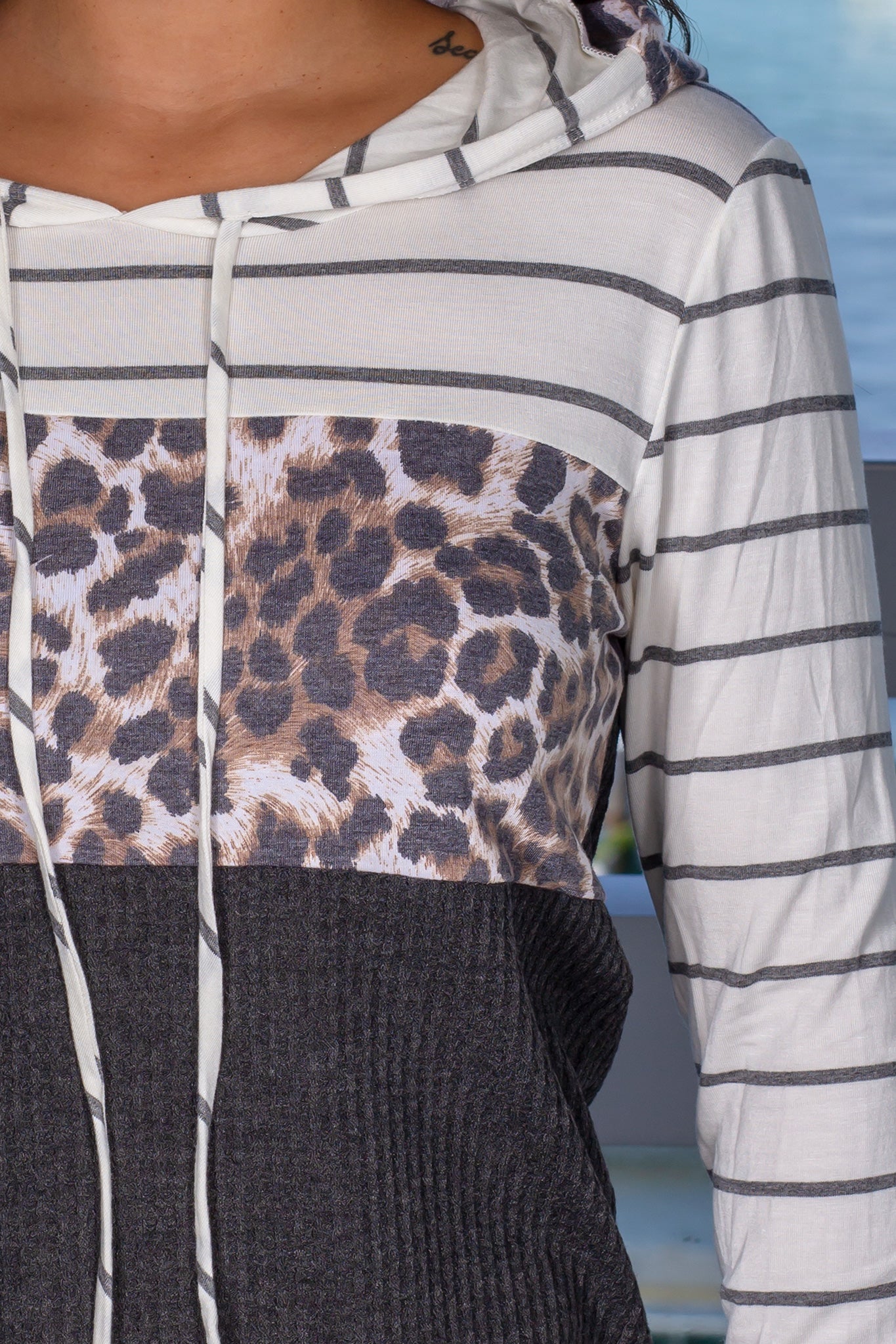 Stylish Charcoal Cheetah Print Color Block Hoodie for Fall