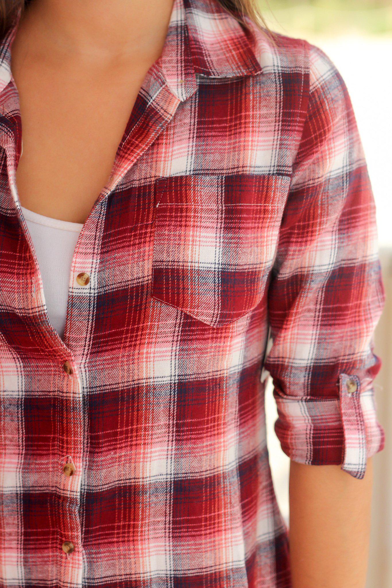 Stylish Burgundy, Ivory, Navy & Black Plaid Cotton Button - Up Top