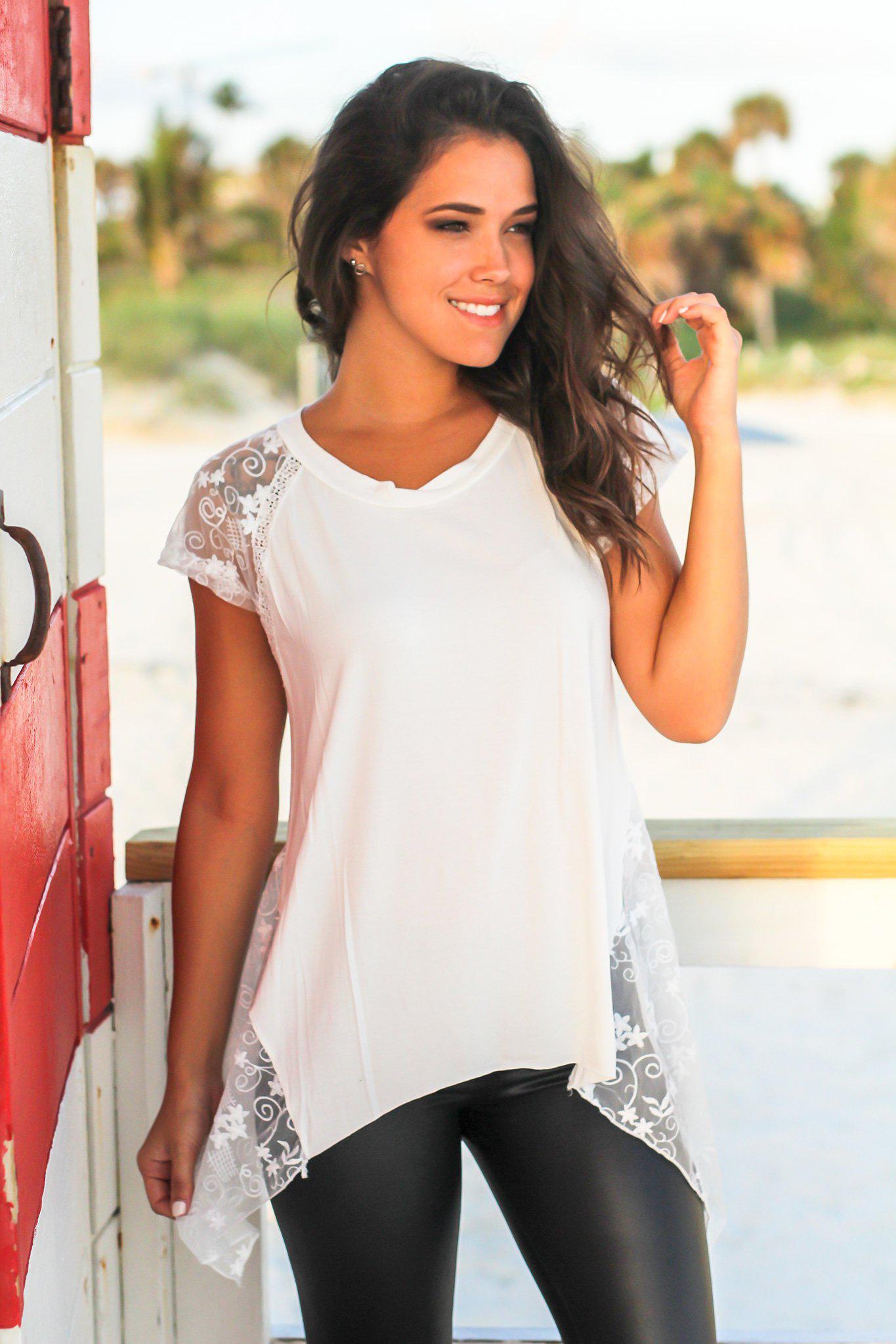 Charming Ivory Lace Top Featuring Asymmetrical Hem and Sheer Details
