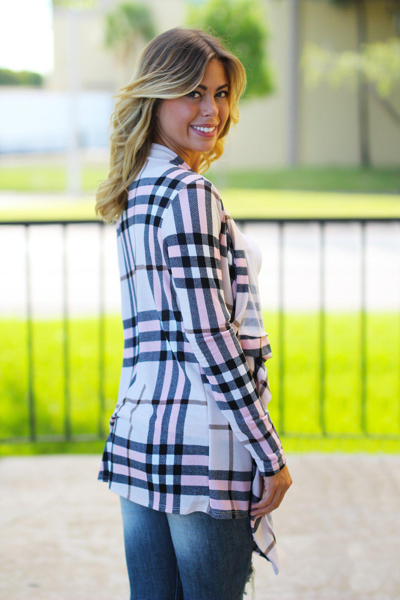 Soft and Lightweight Blush Beige Black White Taupe Plaid Open Cardigan