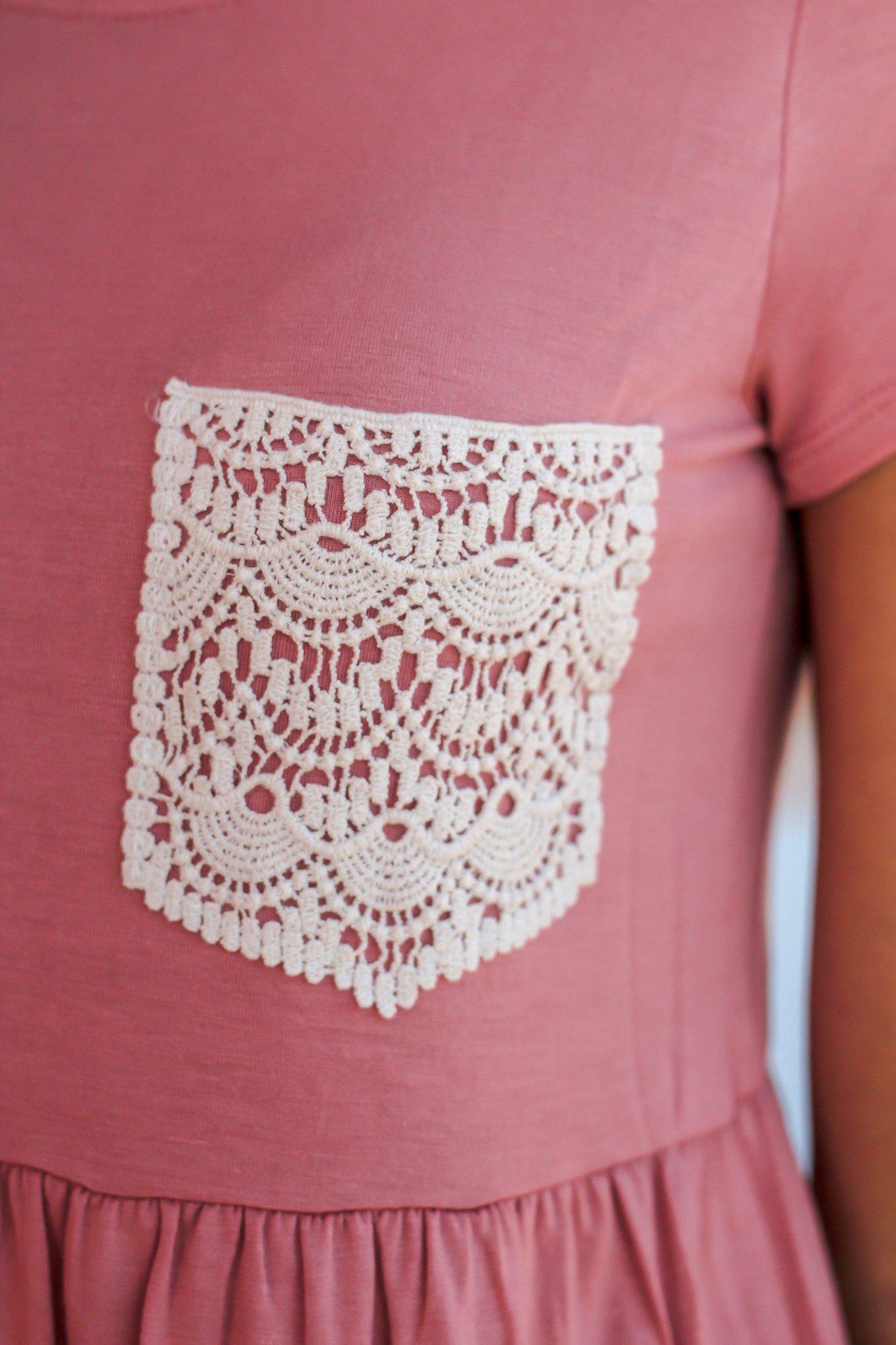 Women's Fashionable Mauve Babydoll Style Top Featuring an Ivory Crochet Pocket