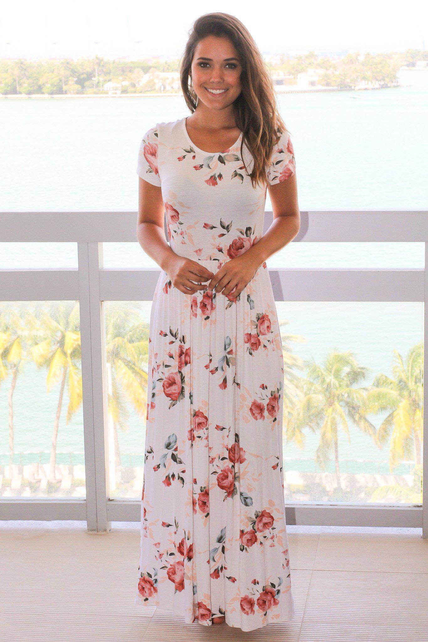 Elegant Ivory Floral Maxi Dress with Stylish Criss Cross Back Design