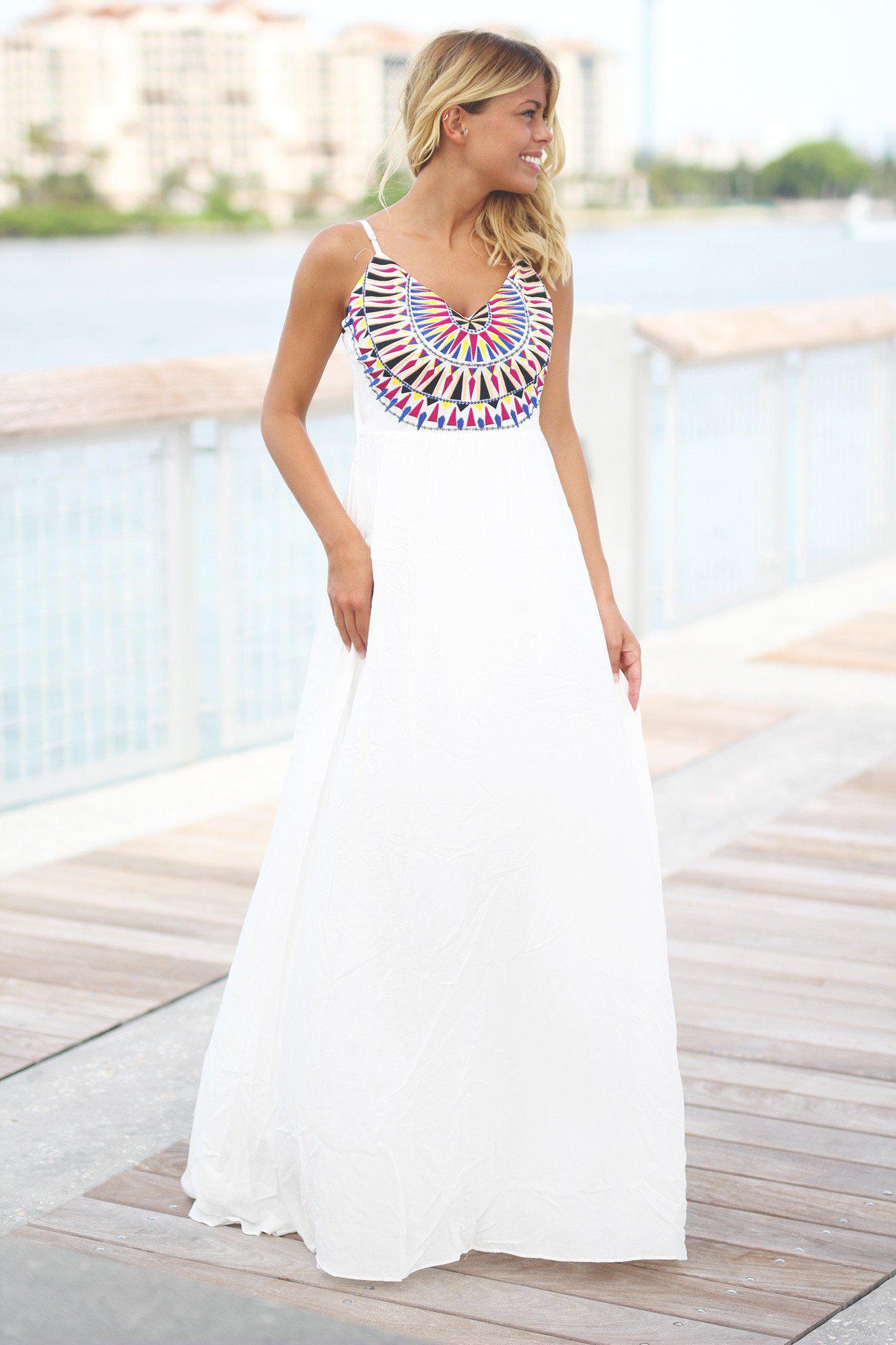 Stunning Ivory Women's Maxi Dress Featuring an Embroidered Top
