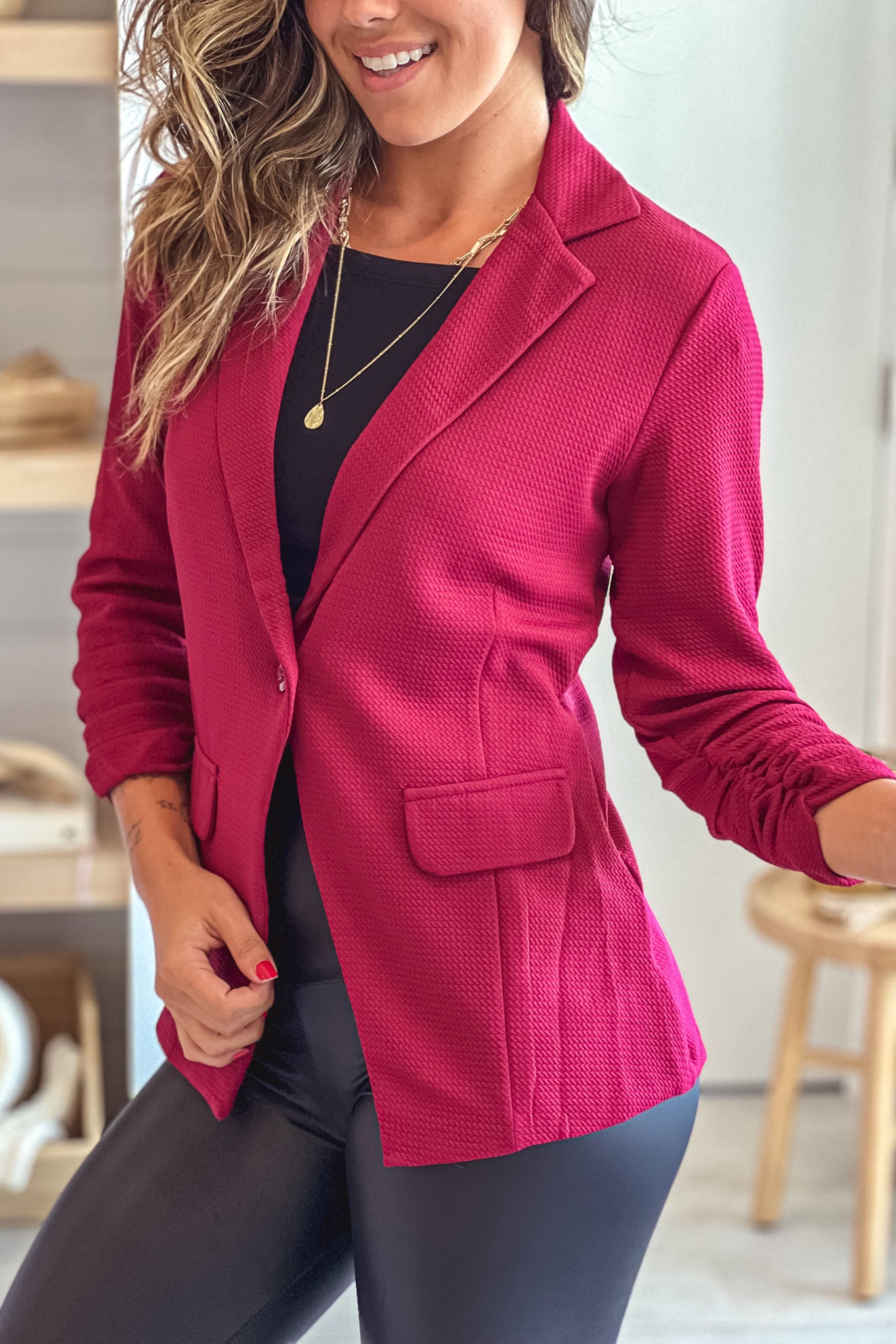 Stylish Burgundy Textured Single-Button Women's Blazer