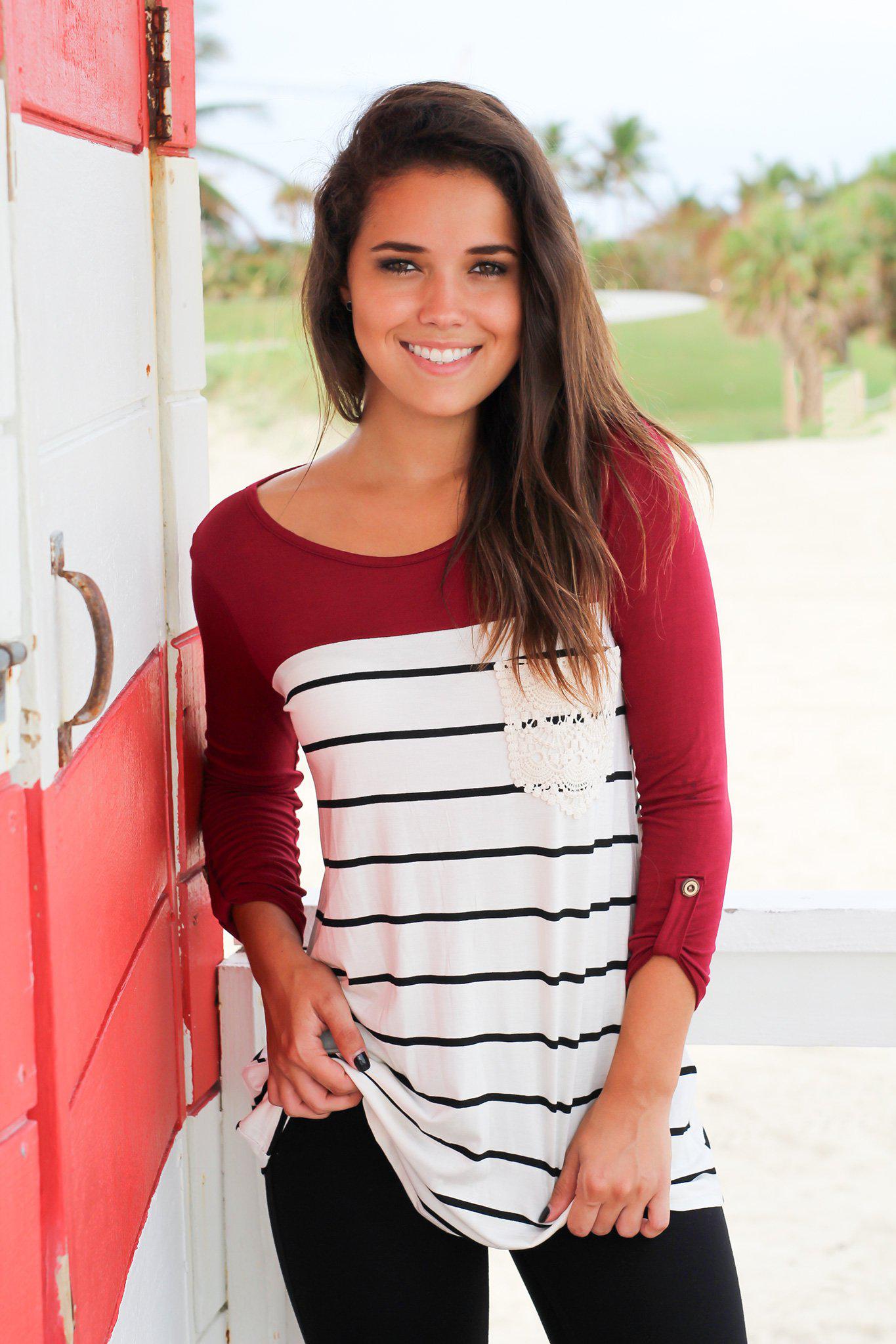 Stylish Women's Burgundy Striped Top Featuring a Crochet Pocket