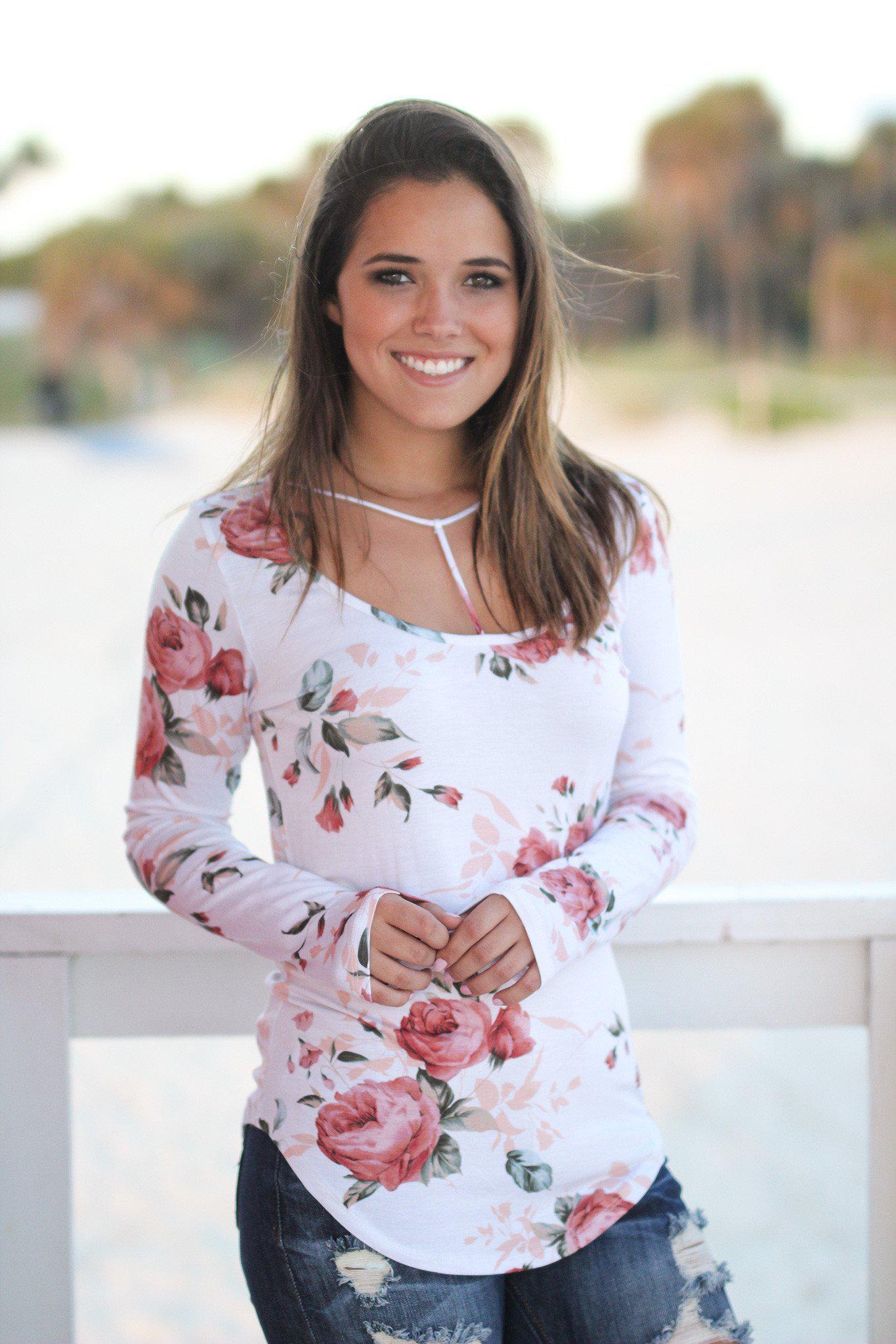 Stylish Ivory Floral Long - Sleeve T - Strap Top for All Occasions