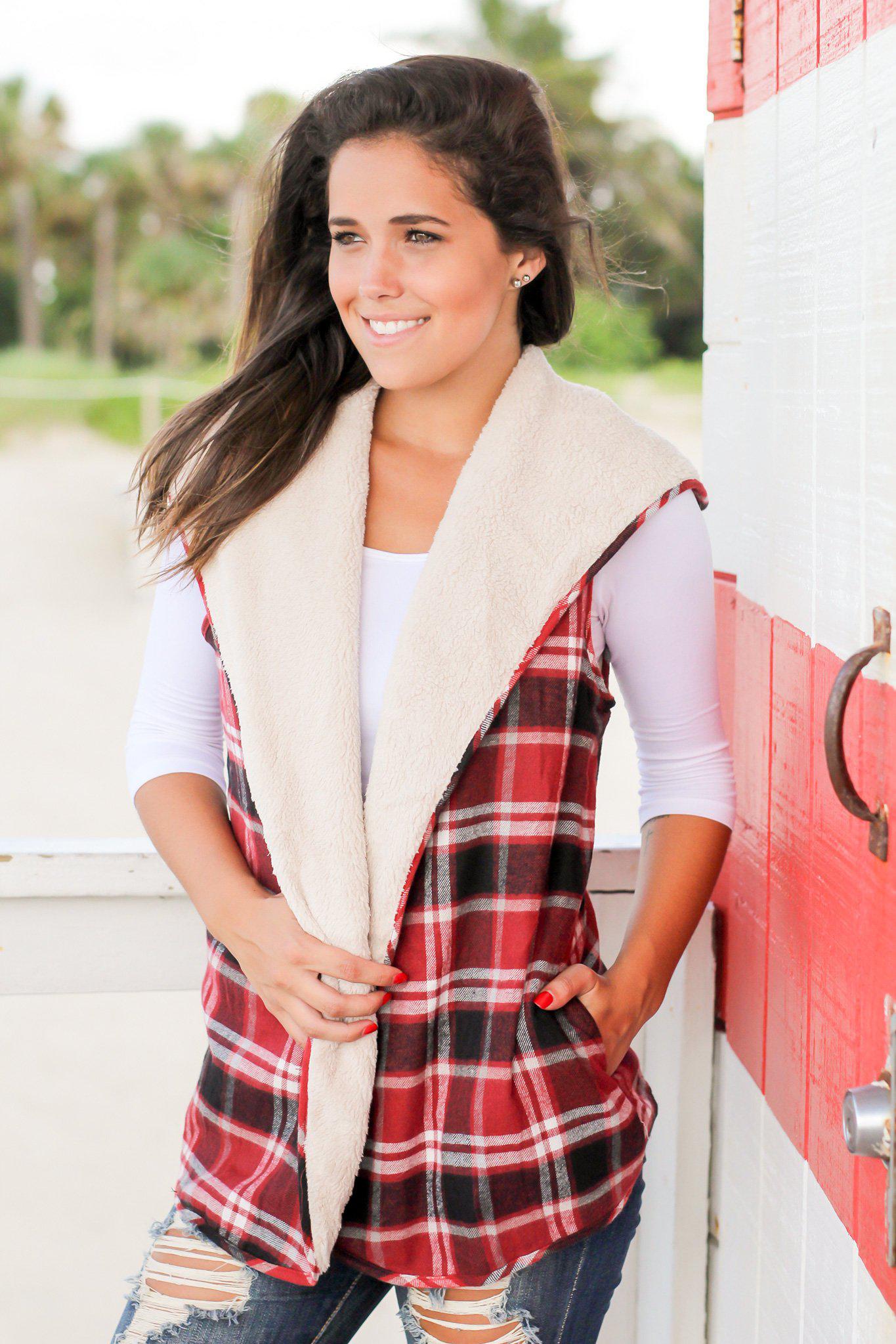Stylish Burgundy Plaid and Faux Fur Reversible Winter Vest for Fall and Winter Fashion