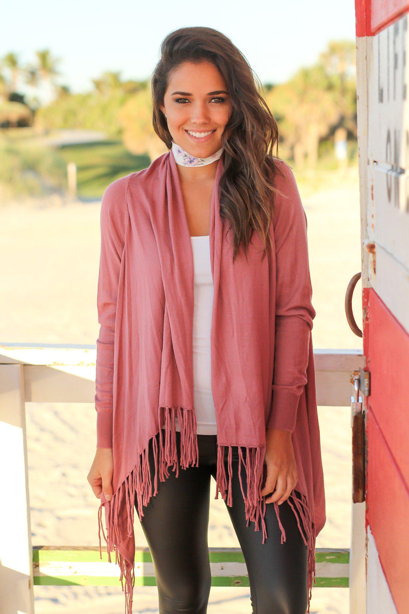 Stylish Mauve Fringe Long - Sleeve Cardigan for All - Occasion Wear