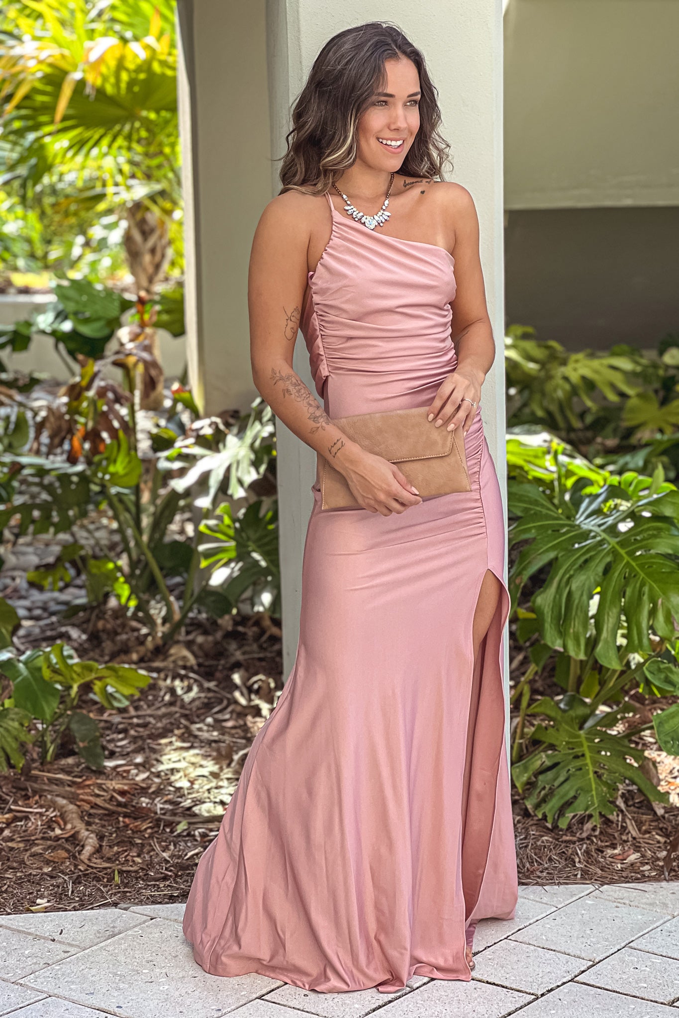 Gorgeous Blush-Colored One-Shoulder Sleeveless Maxi Dress with Front Ruching and Side Slit