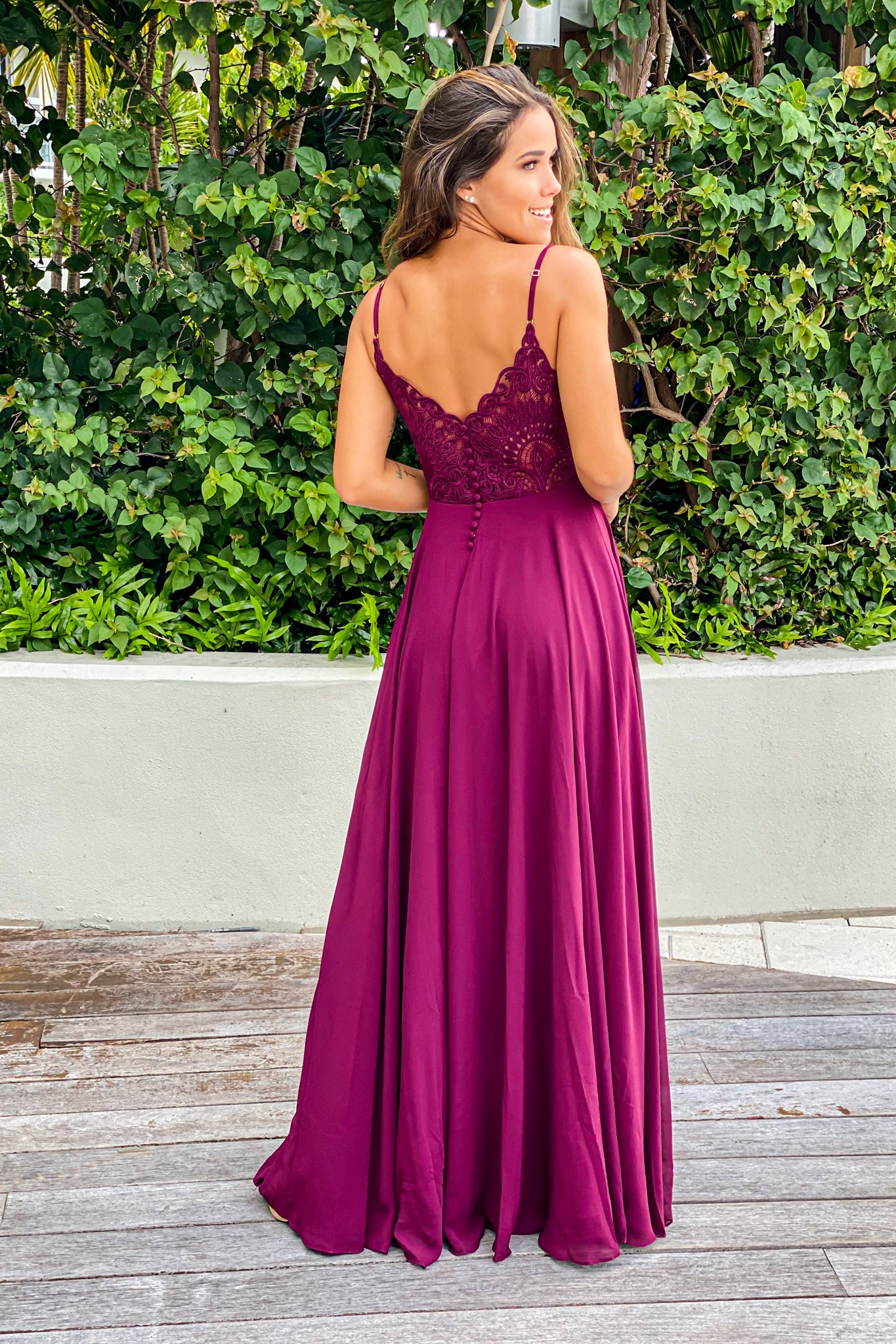 Elegant Burgundy Sleeveless Maxi Dress with Embroidered Back and Button Design