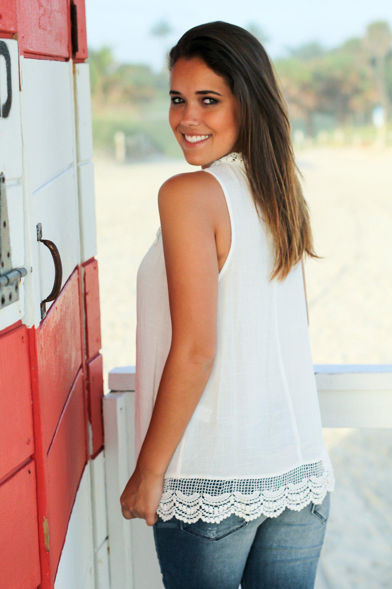 Elegant Ivory Sleeveless Crochet Detail Top for Fashionable Look