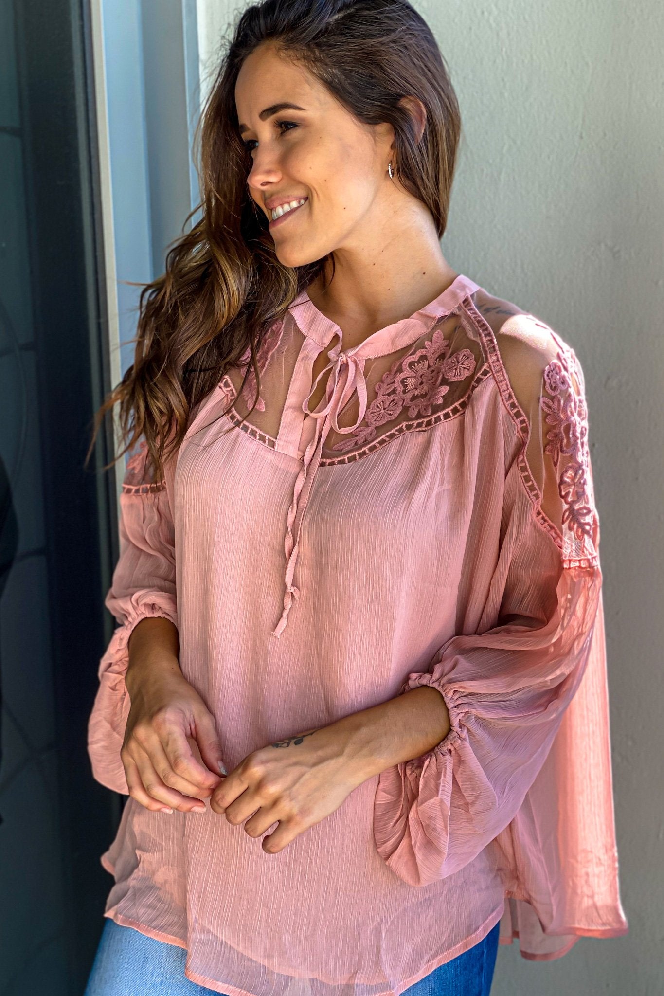 Fall-Friendly Blush Sheer Crochet Neck Long Sleeve Top