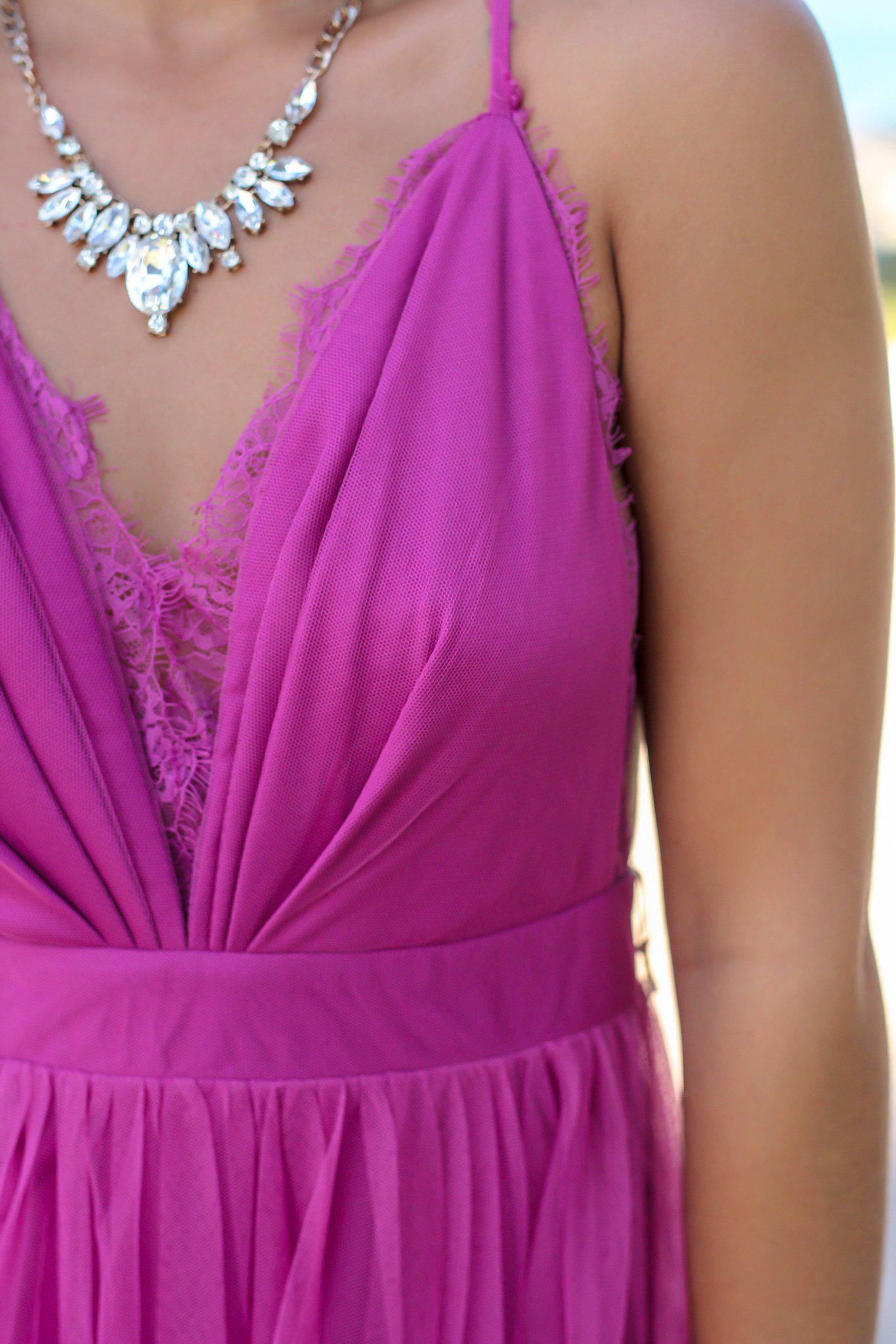 Gorgeous Magenta Tulle Maxi Dress with Elegant Lace Accents
