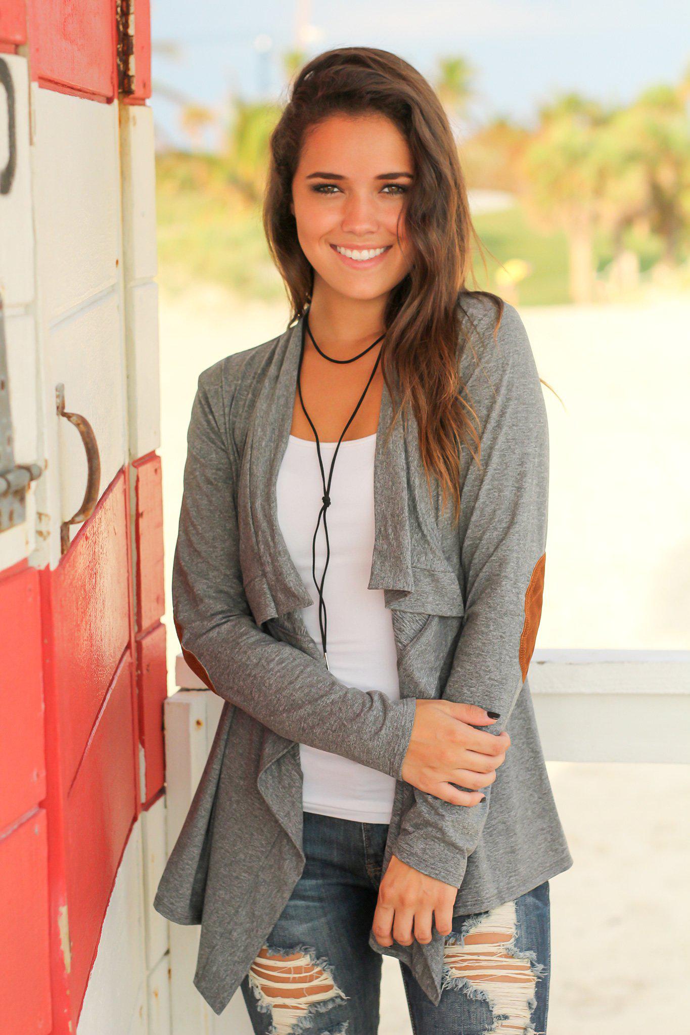 Stylish Charcoal Draped Cardigan with Adorable Elbow Patches