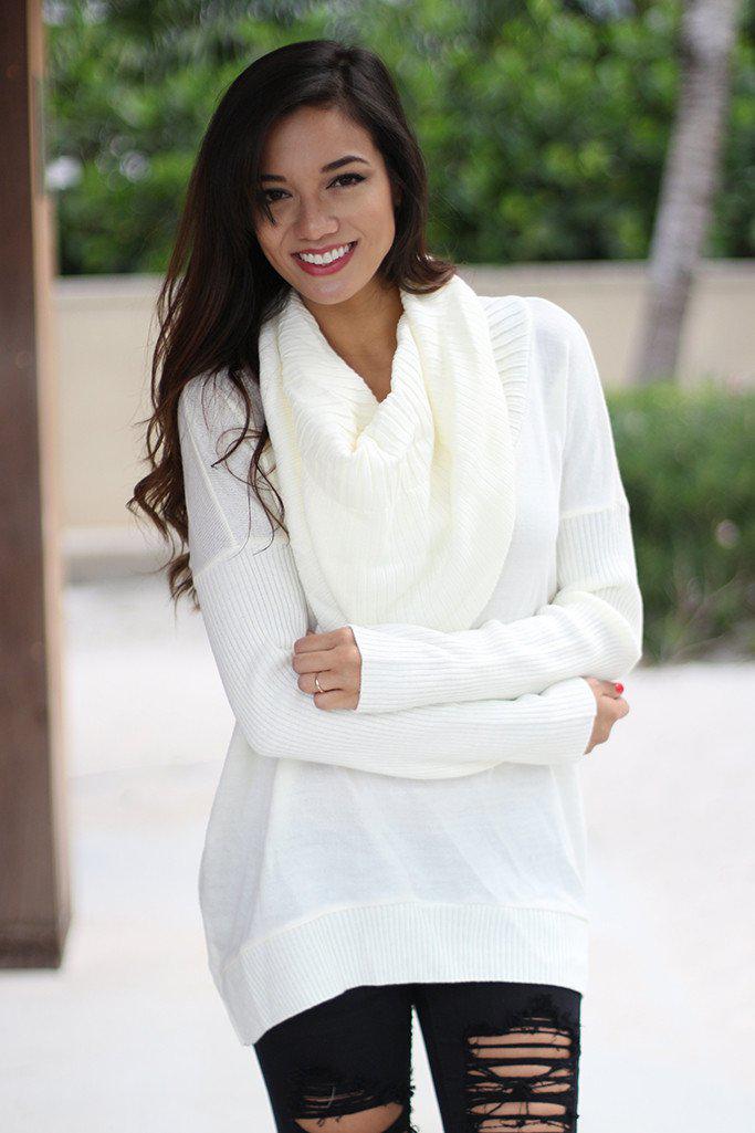 Gorgeous Ivory Acrylic Cowl Neck Long Sleeve Sweater for Women