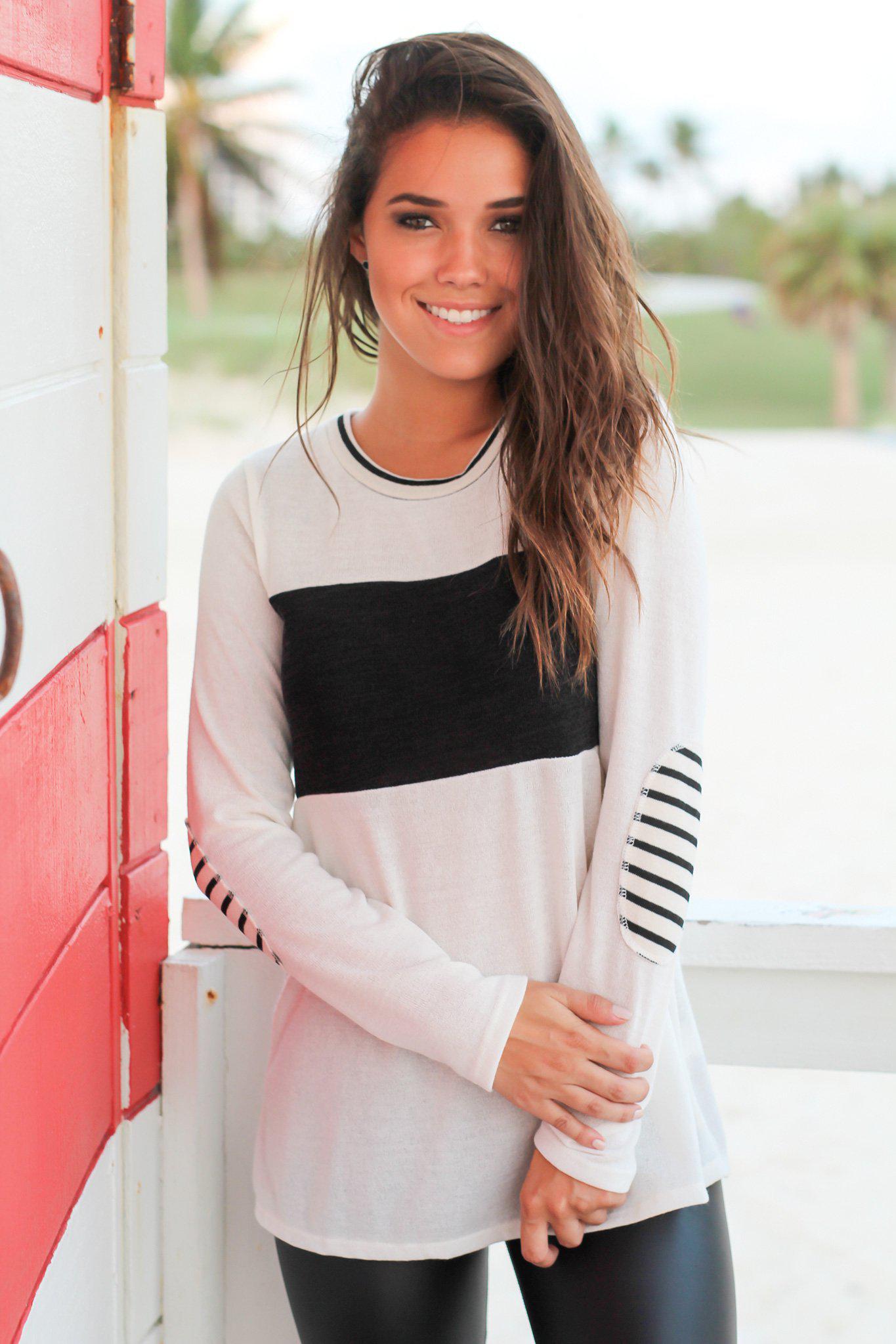 Stylish Ivory Color Block Top with Charming Striped Elbow Patches