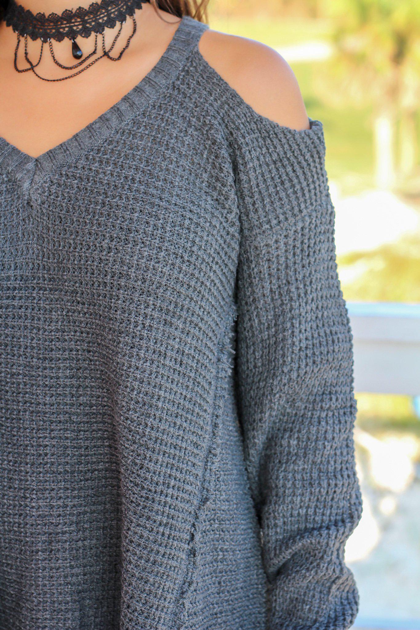Charcoal Colored Knit Women's Cold Shoulder Casual Sweater for Everyday Wear