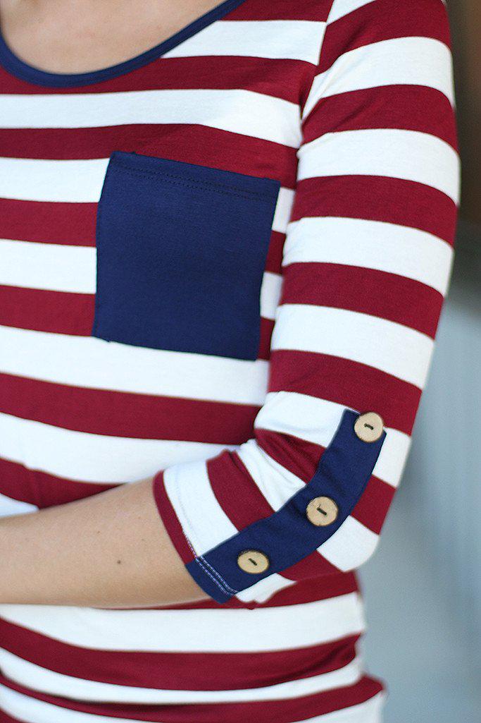 Stylish Burgundy Striped Button - Pocket Top for Fall