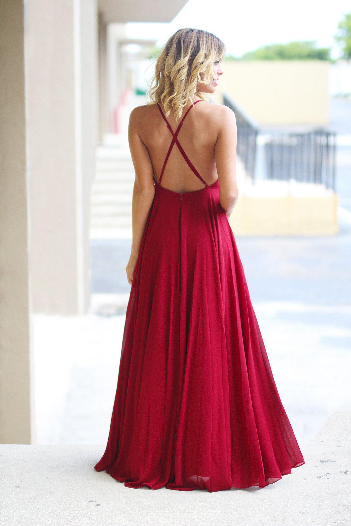 Stunning Burgundy Women's Long Maxi Dress Featuring Crisscross Back Design