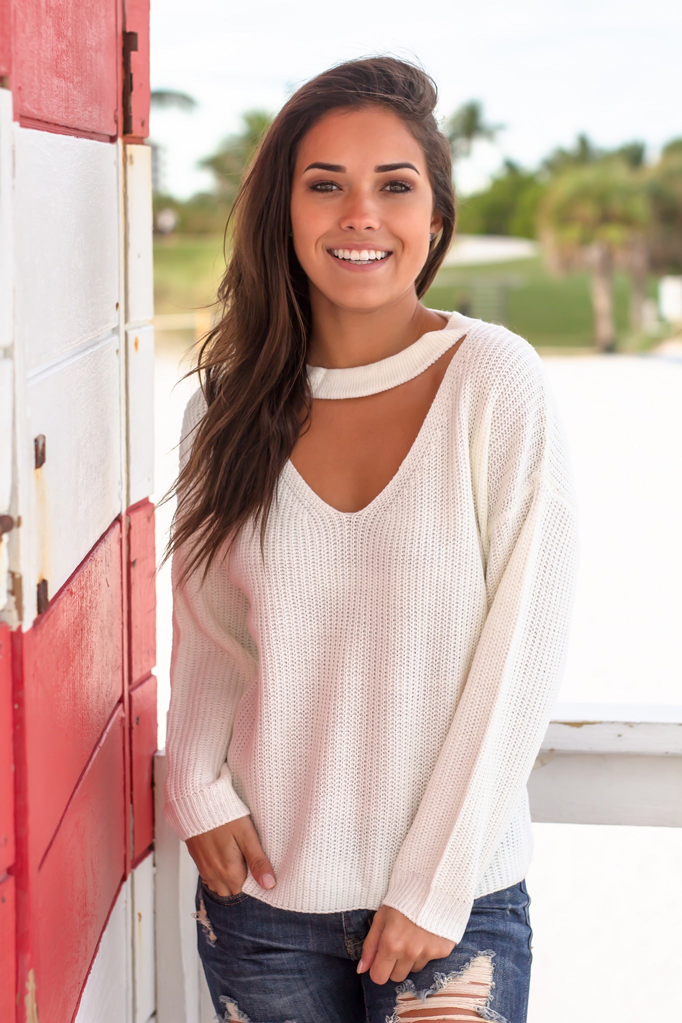 Ivory Knit Women's Keyhole Neck Sweater for Winter