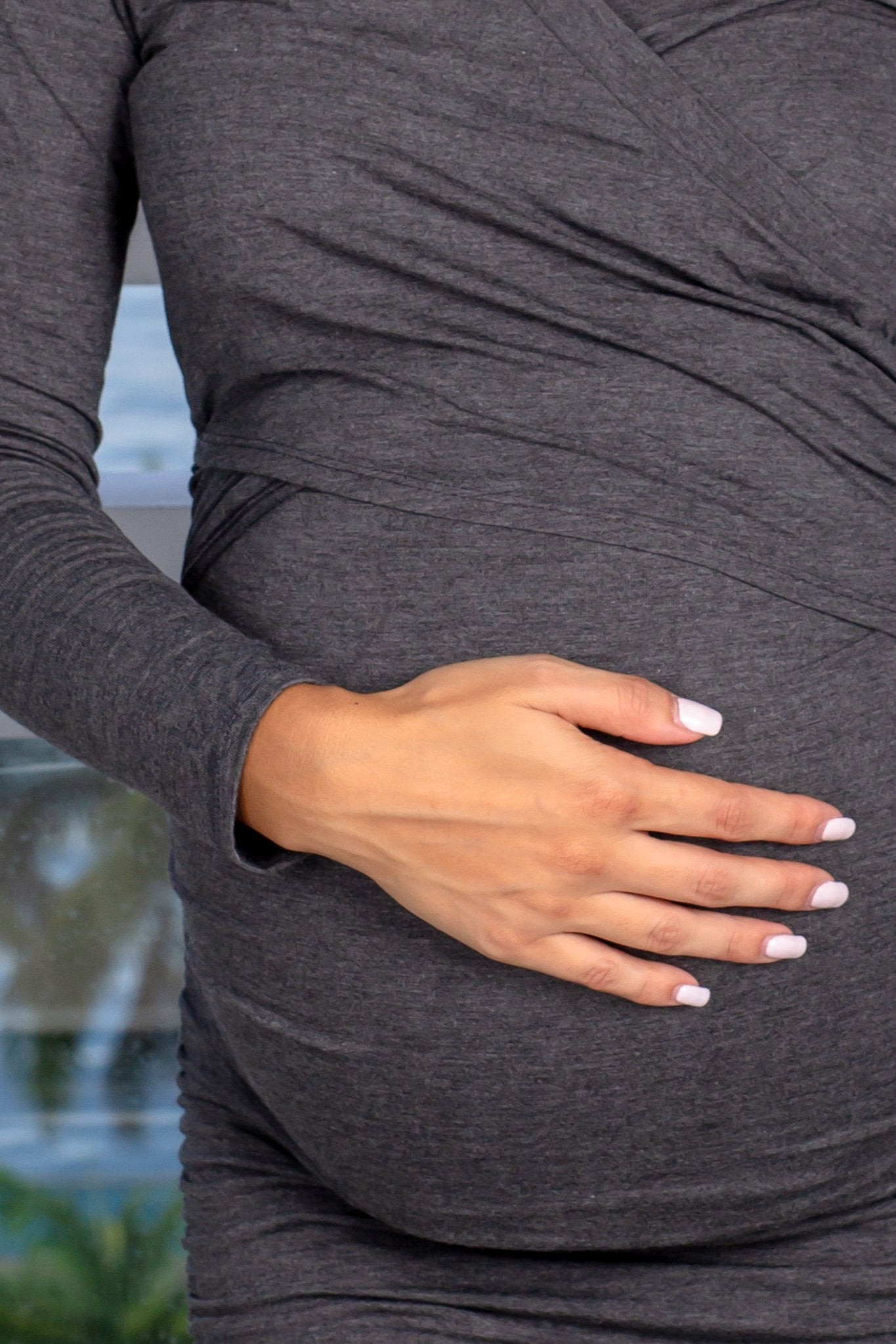 Charcoal Long - Sleeved Short Maternity Dress with Ruched Sides