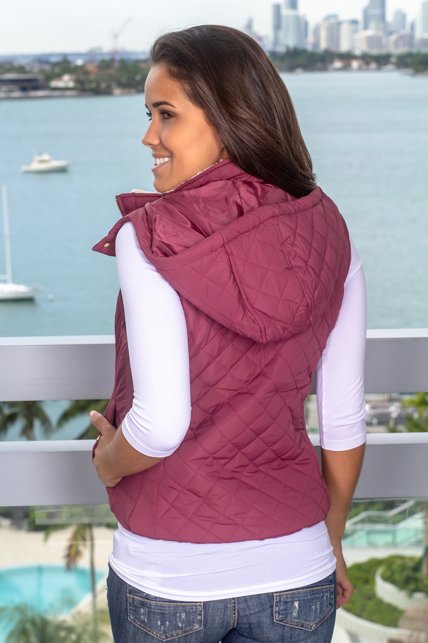 Stylish Maroon Quilted Winter Vest with Faux Fur Collar for Fashionable Fall and Winter Wear