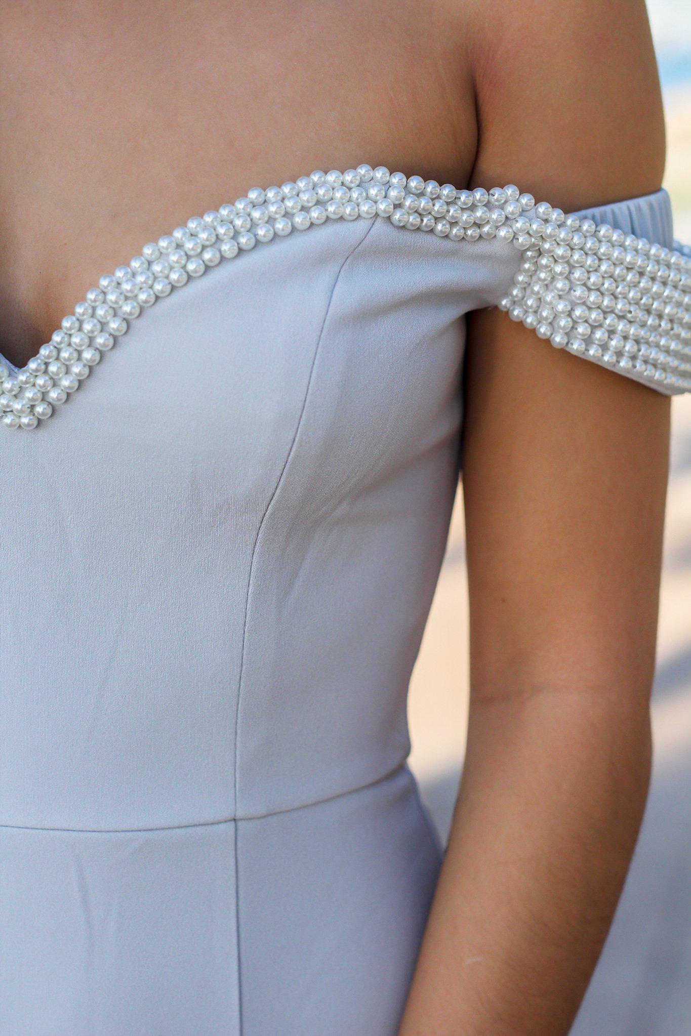 Light Gray and Off White Off Shoulder Maxi Dress with Elegant Pearl Accents