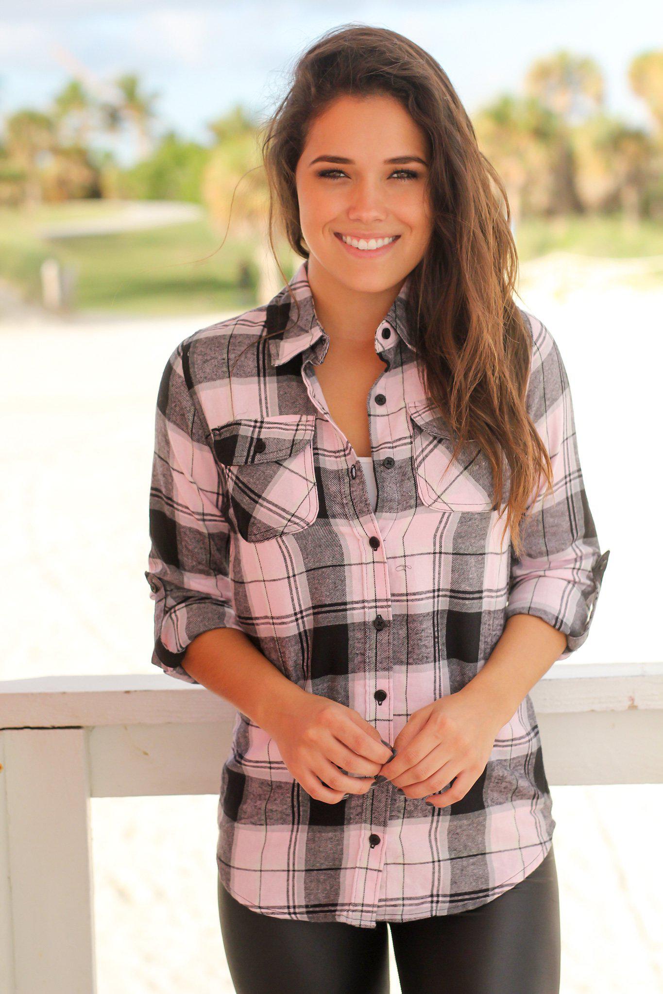 Stylish Light Pink Checkered Women's Cotton Top