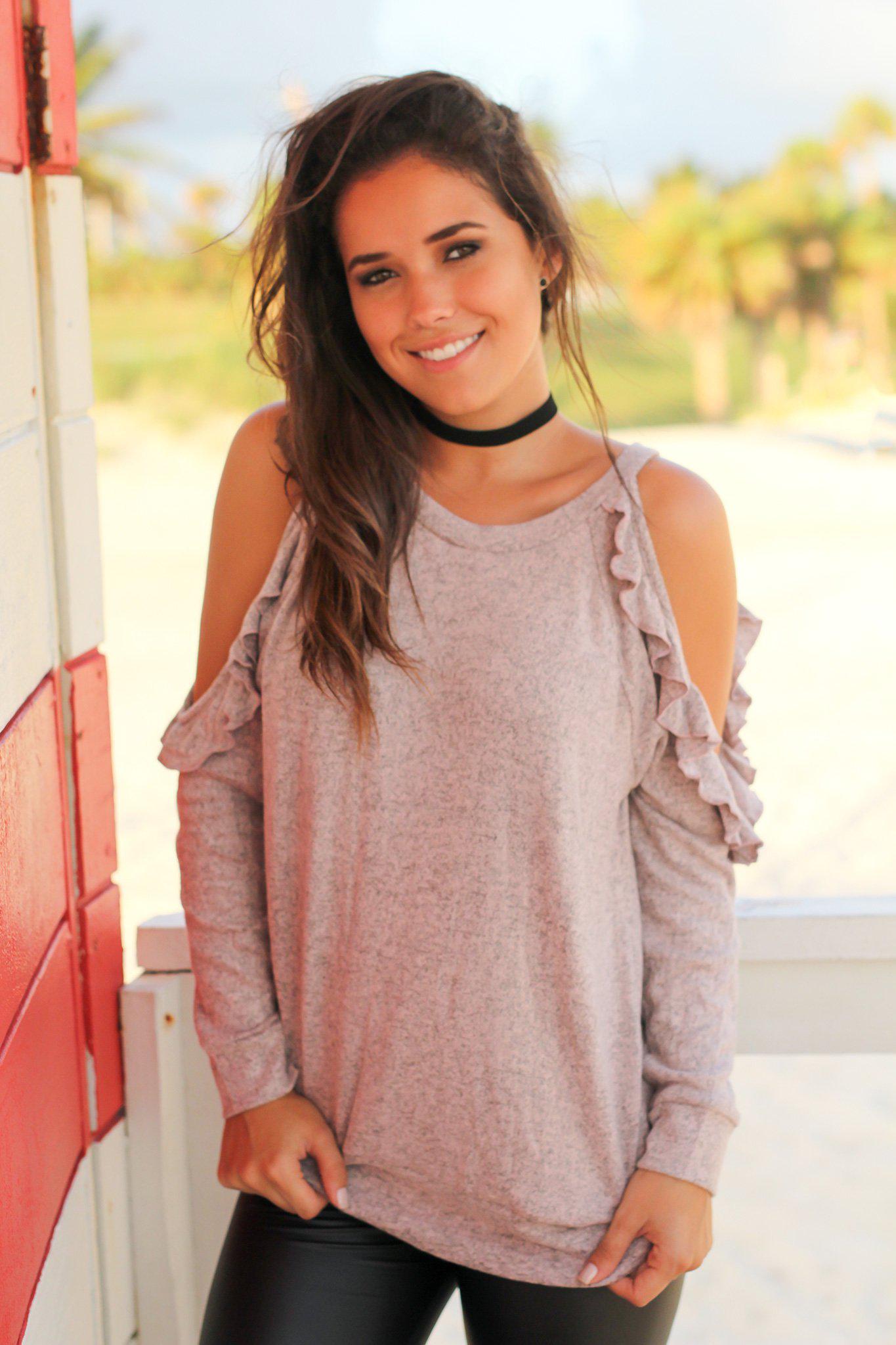 Stylish Mauve Women's Cold Shoulder Long Sleeve Top with Elegant Ruffle Detail