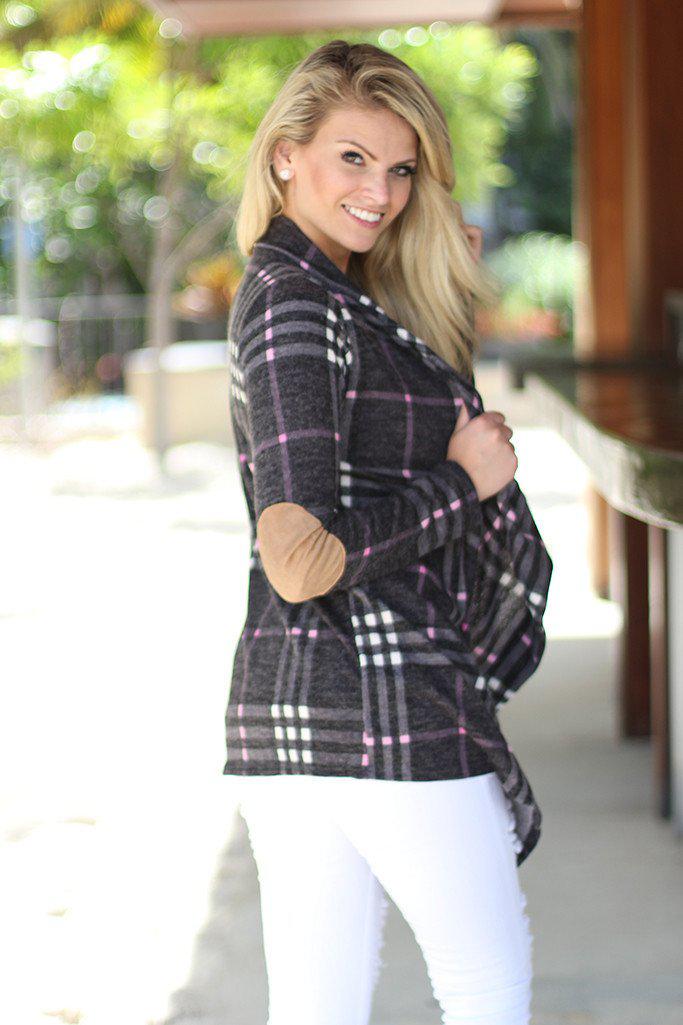 Stylish Charcoal Plaid Long - Sleeve Loose - Fit Open Cardigan