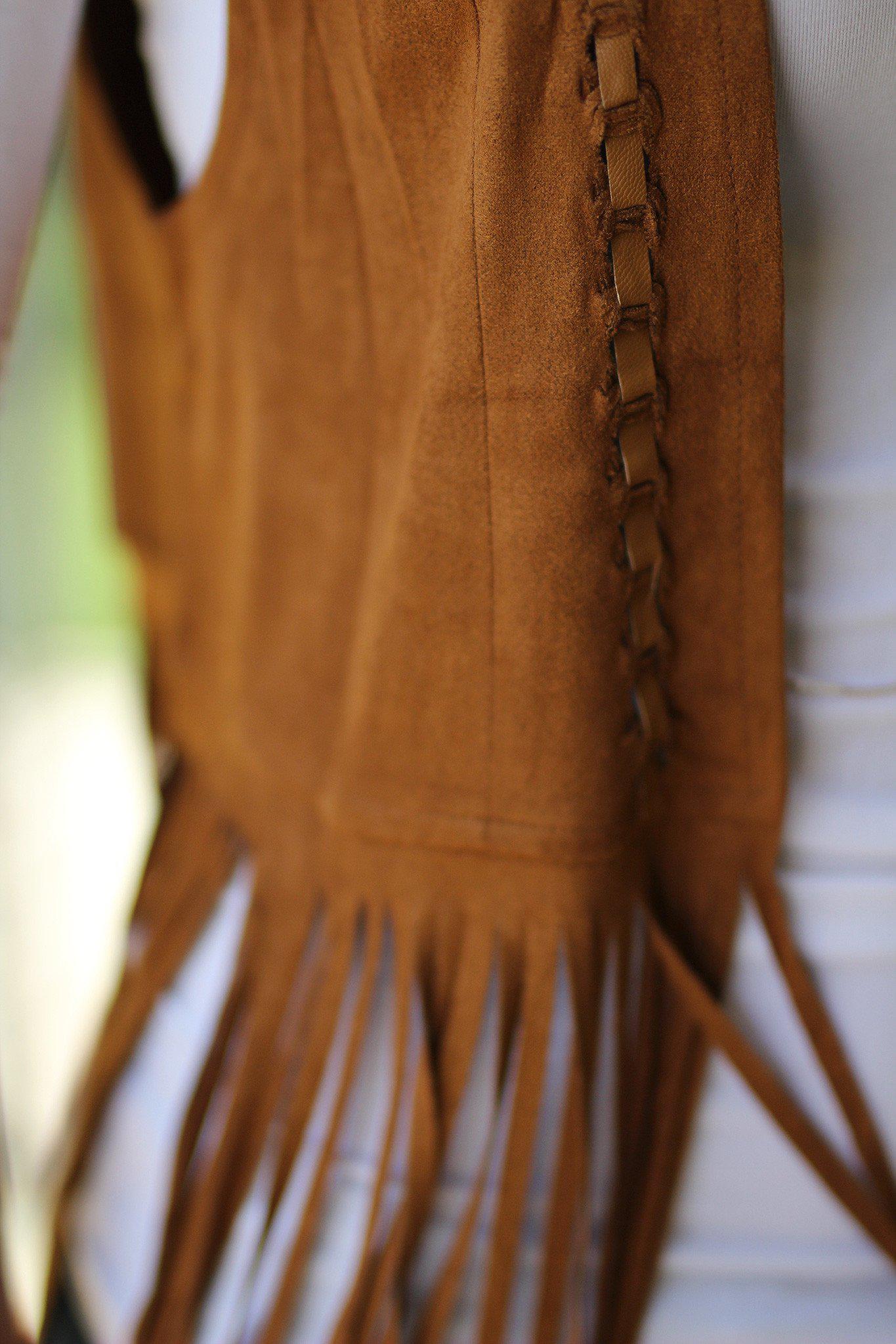 Stylish Camel-Colored Faux Suede Fringe Open Vest for Festivals