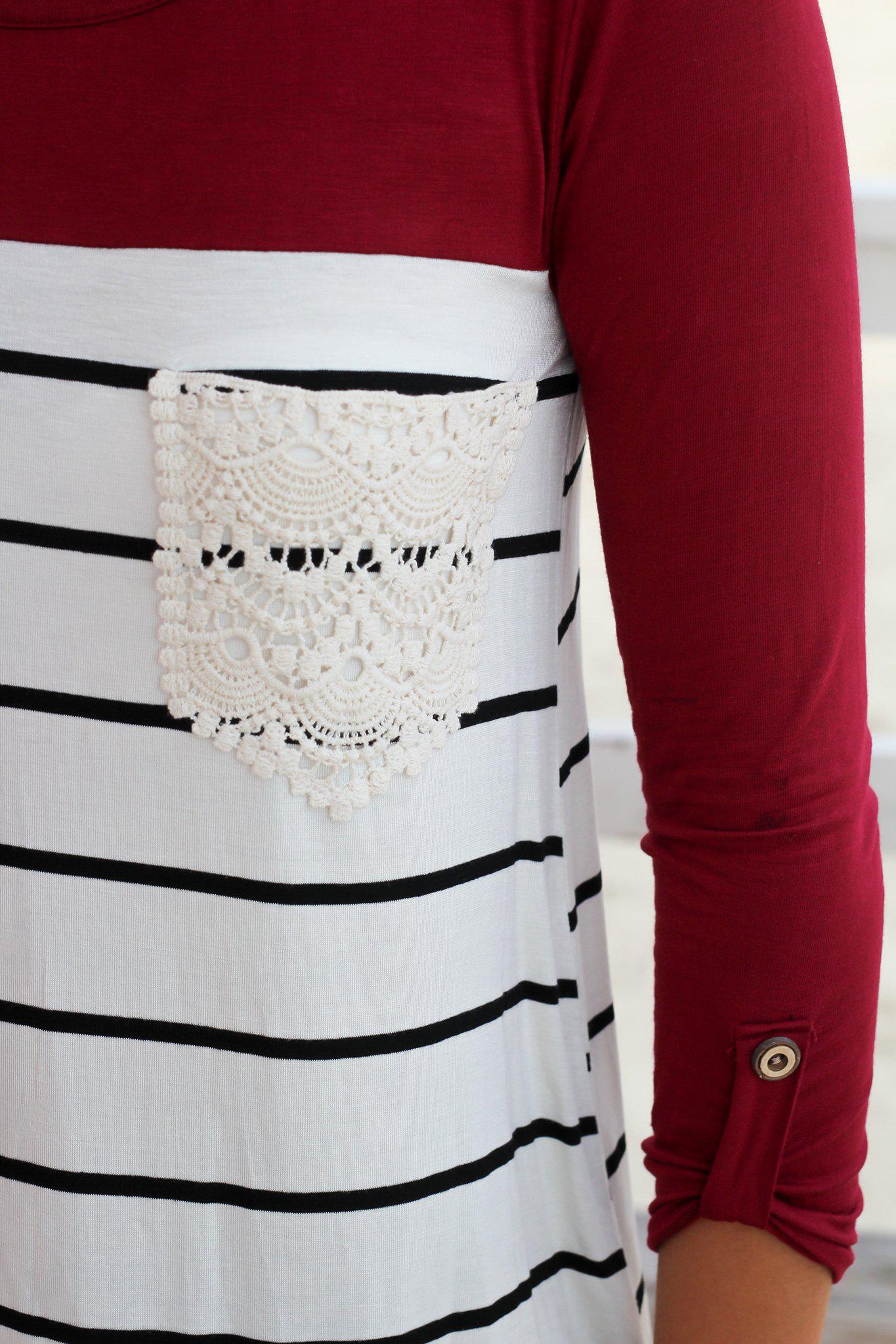 Stylish Women's Burgundy Striped Top Featuring a Crochet Pocket