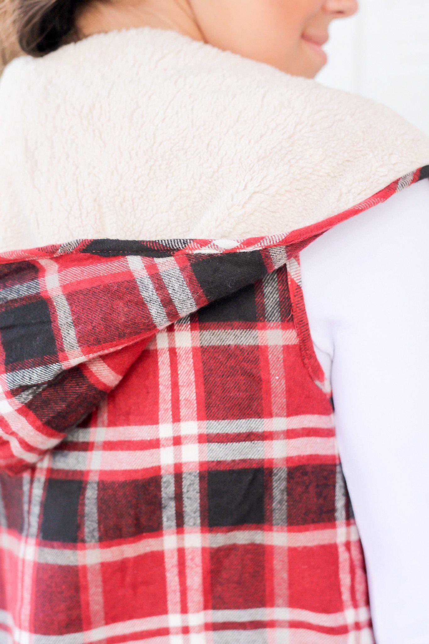 Stylish Burgundy Plaid and Faux Fur Reversible Winter Vest for Fall and Winter Fashion