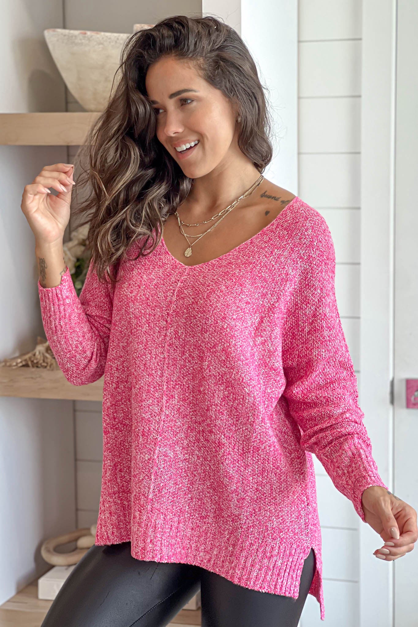 Charming Candy Pink V-Neck Knitted Women's Sweater for Casual Wear